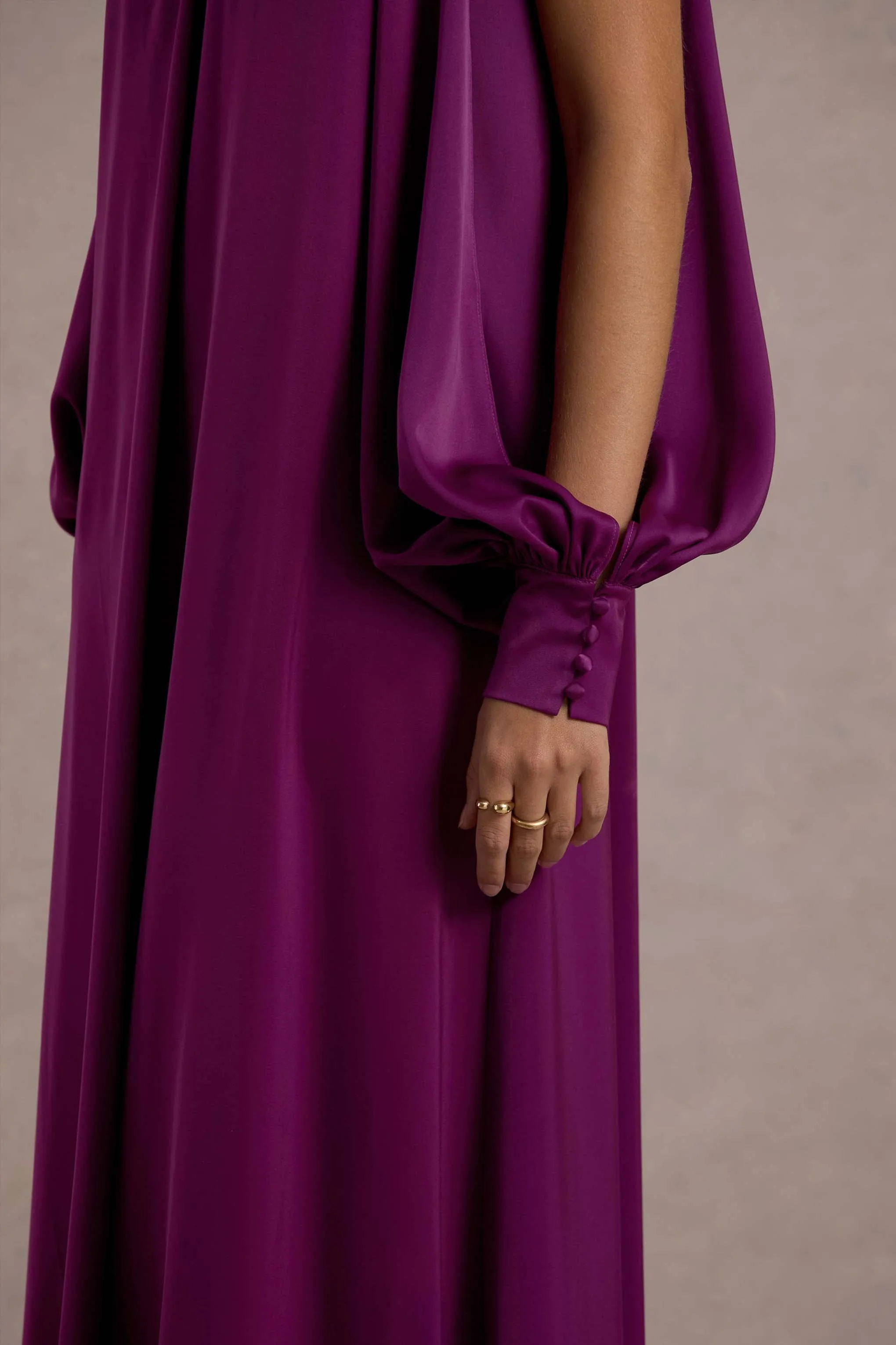 Baila | Mulberry Satin High-Neck Cape-Sleeve Maxi Dress Club L London