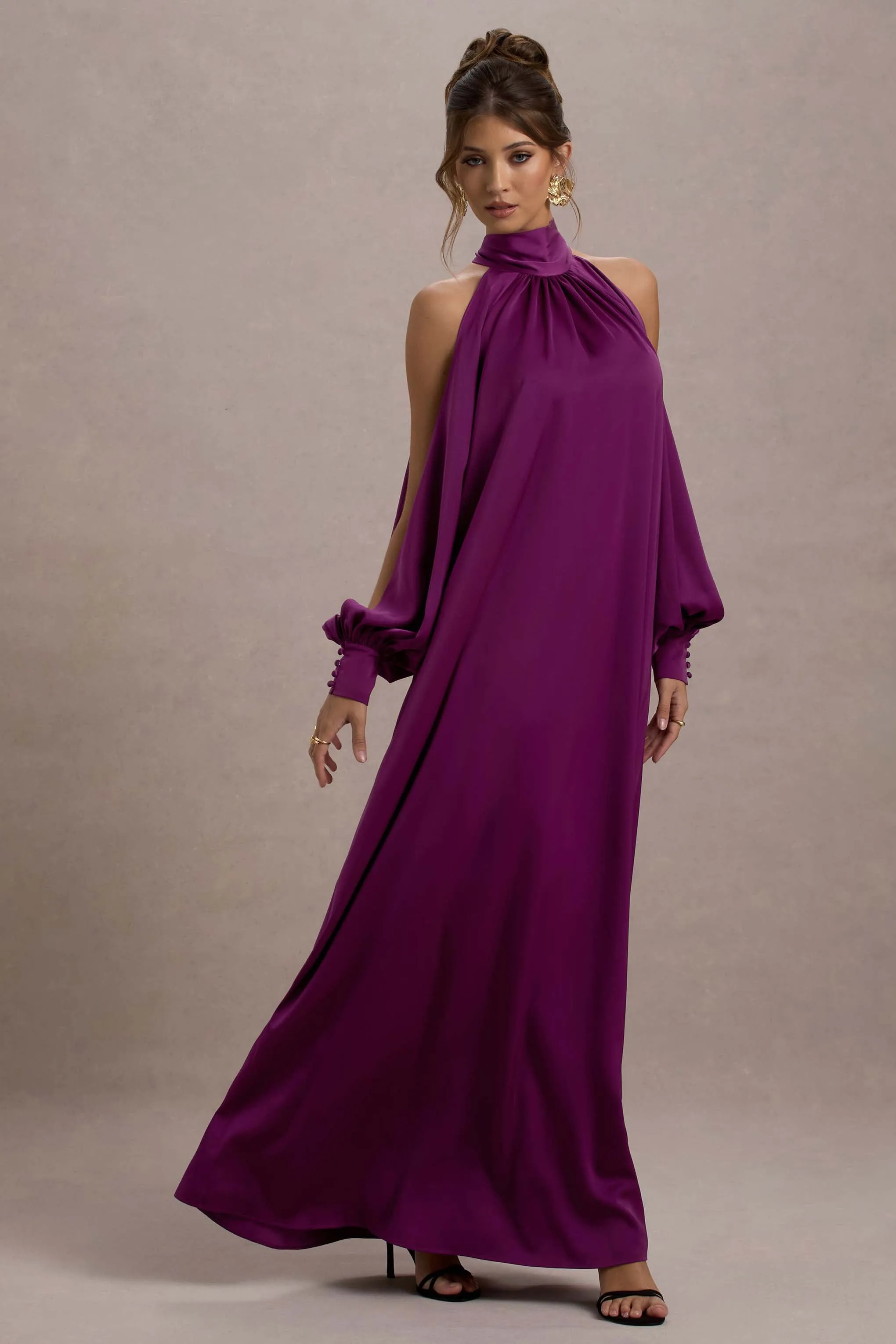 Baila | Mulberry Satin High-Neck Cape-Sleeve Maxi Dress Club L London