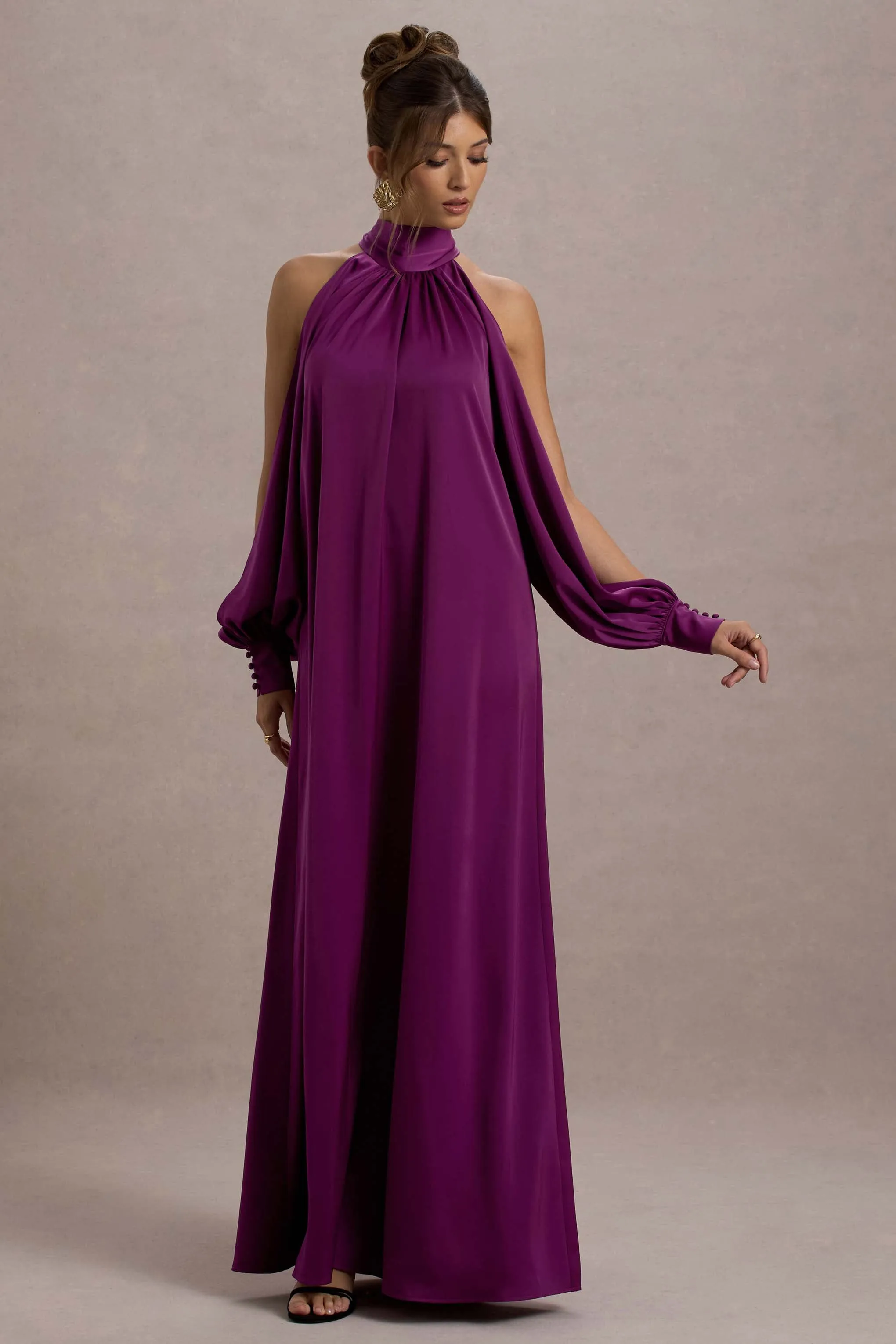 Baila | Mulberry Satin High-Neck Cape-Sleeve Maxi Dress Club L London