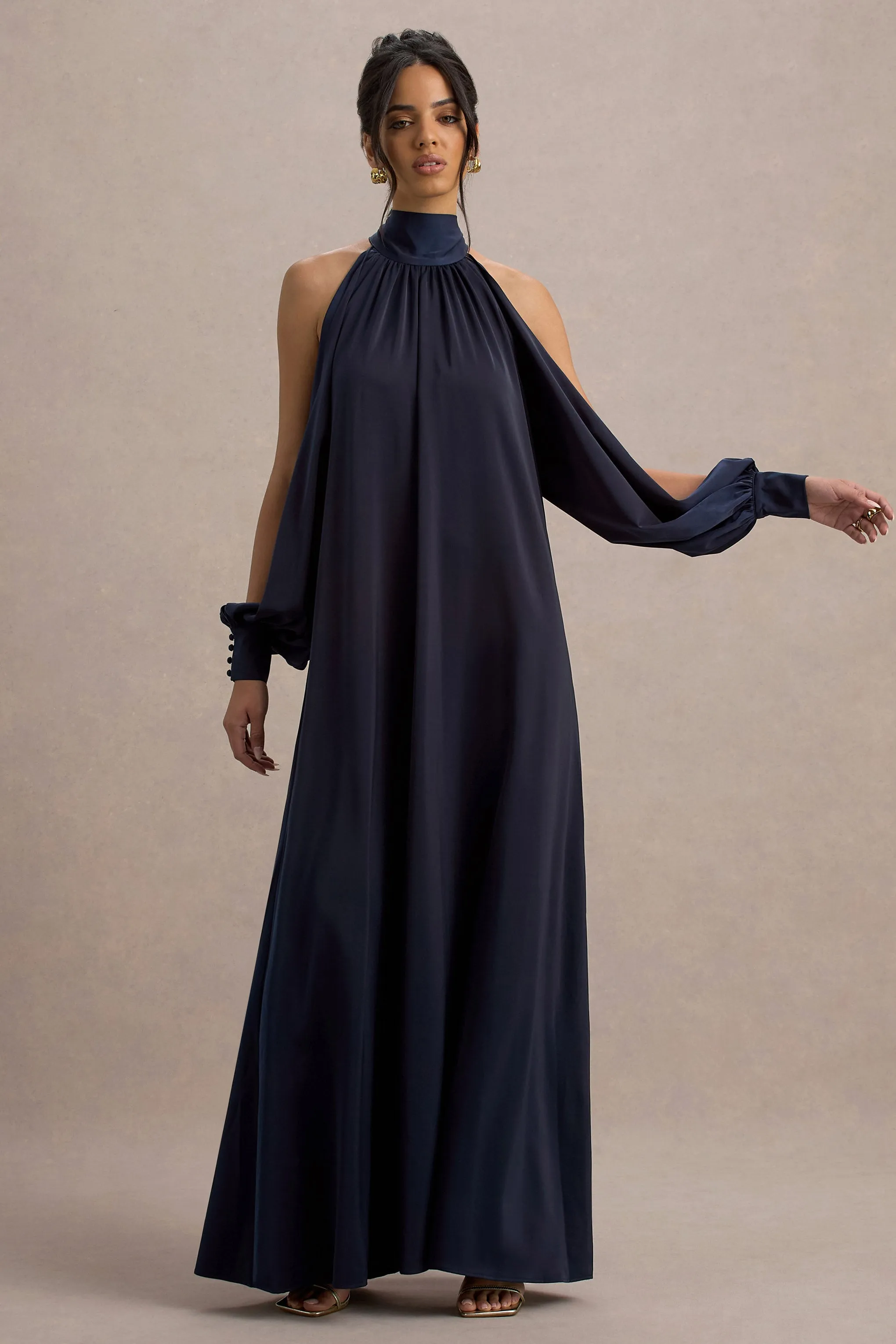 Baila | Navy Satin High-Neck Cape-Sleeve Maxi Dress Club L London