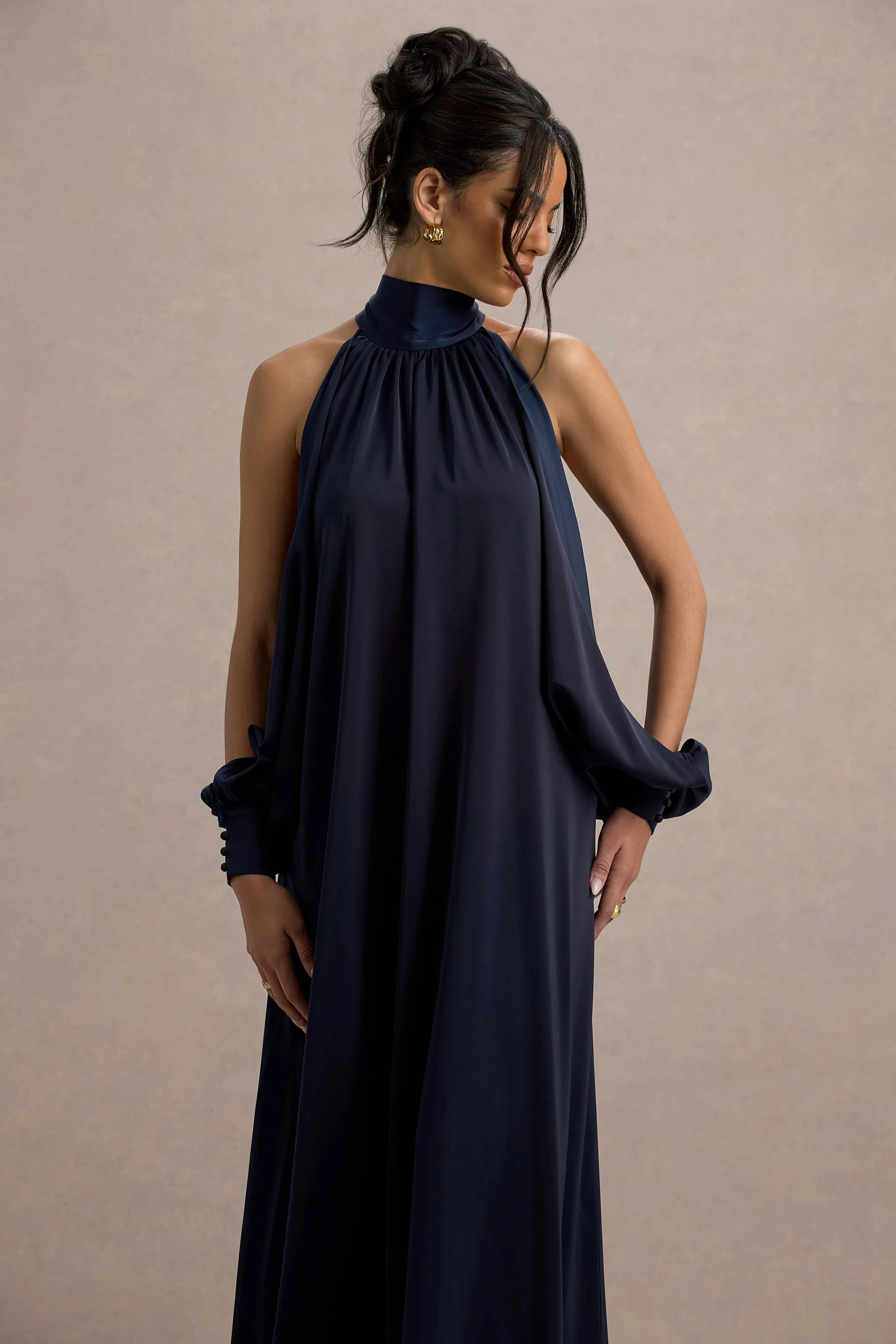Baila | Navy Satin High-Neck Cape-Sleeve Maxi Dress Club L London