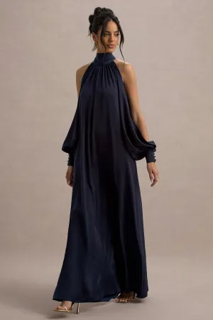 Baila | Navy Satin High-Neck Cape-Sleeve Maxi Dress Club L London