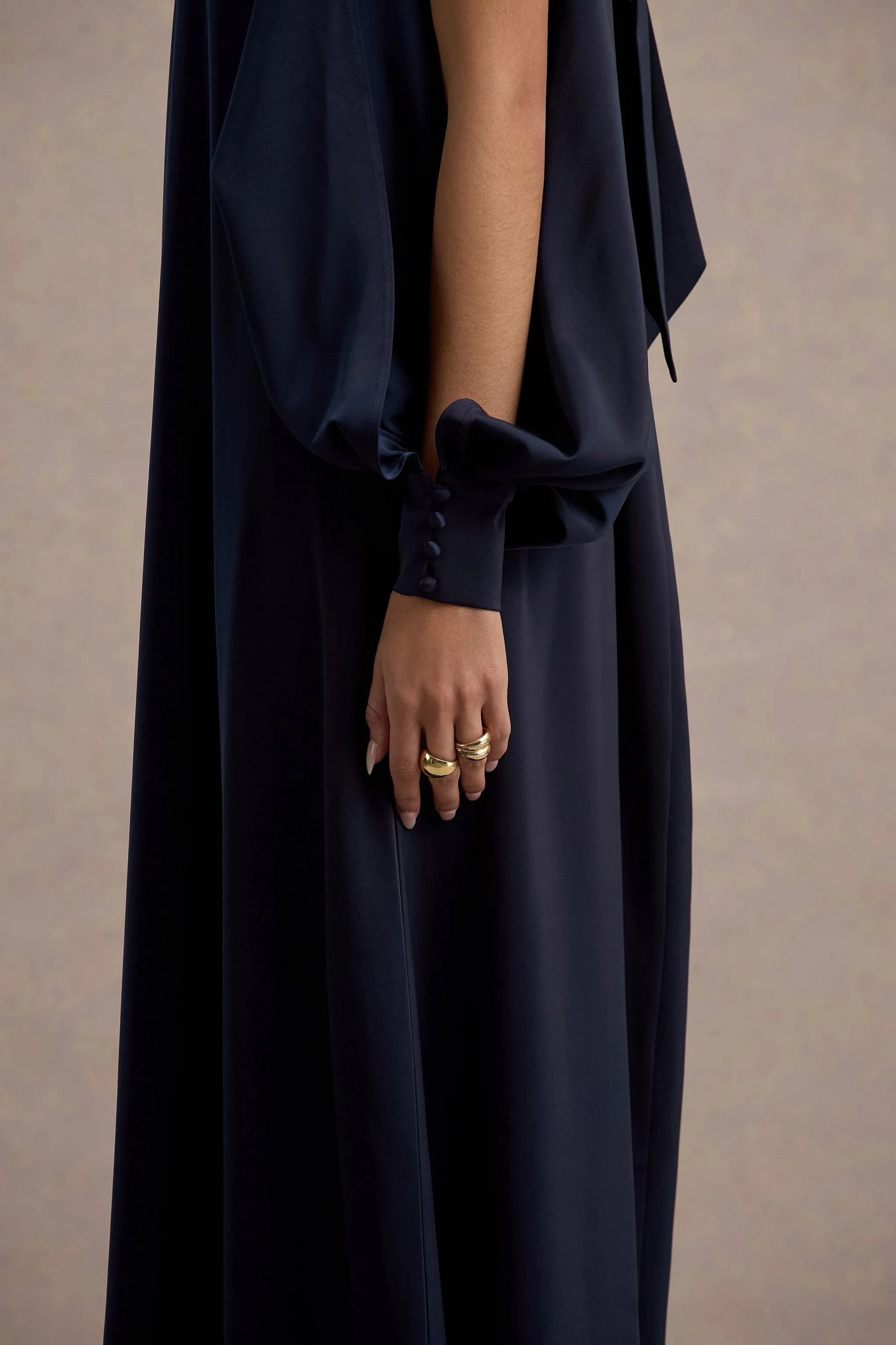 Baila | Navy Satin High-Neck Cape-Sleeve Maxi Dress Club L London
