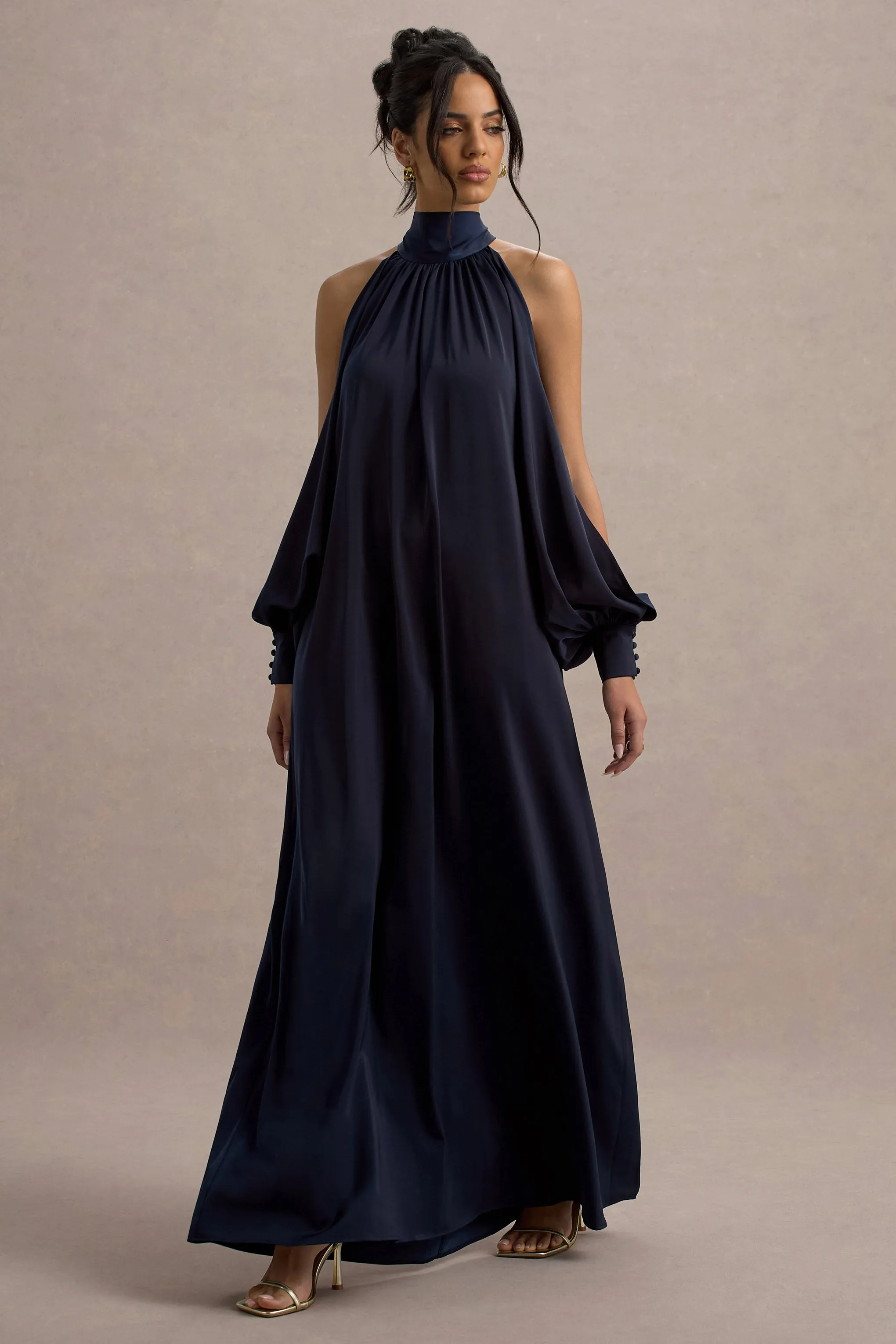 Baila | Navy Satin High-Neck Cape-Sleeve Maxi Dress Club L London