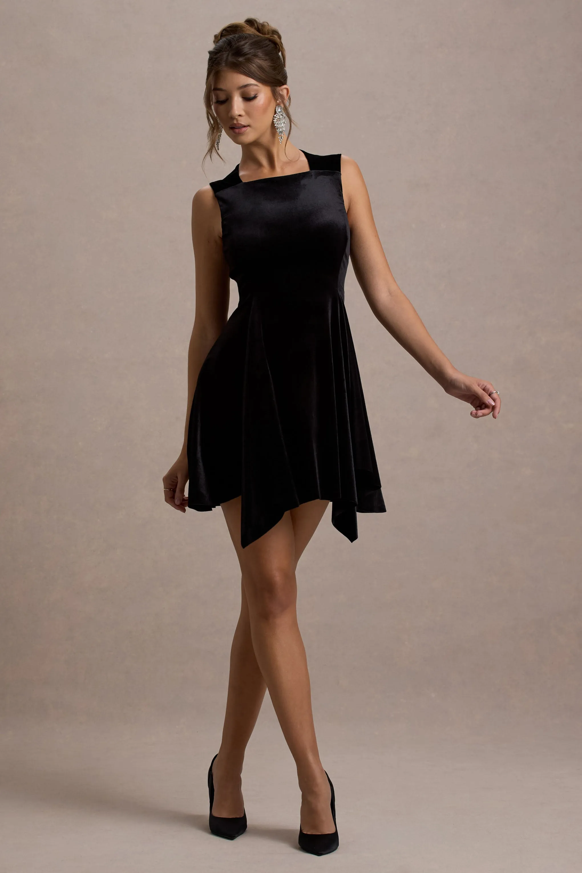 Baker | Black Velvet Draped-Hem Mini Dress Club L London