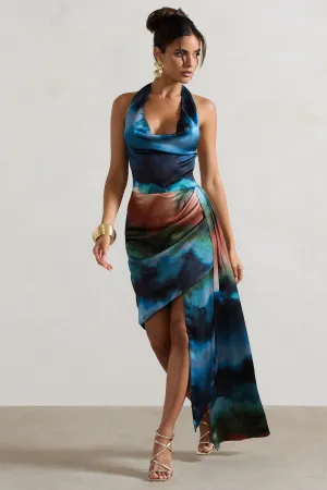 Bali | Blue Blur Print Satin Cowl-Neck Draped Midi Dress Club L London