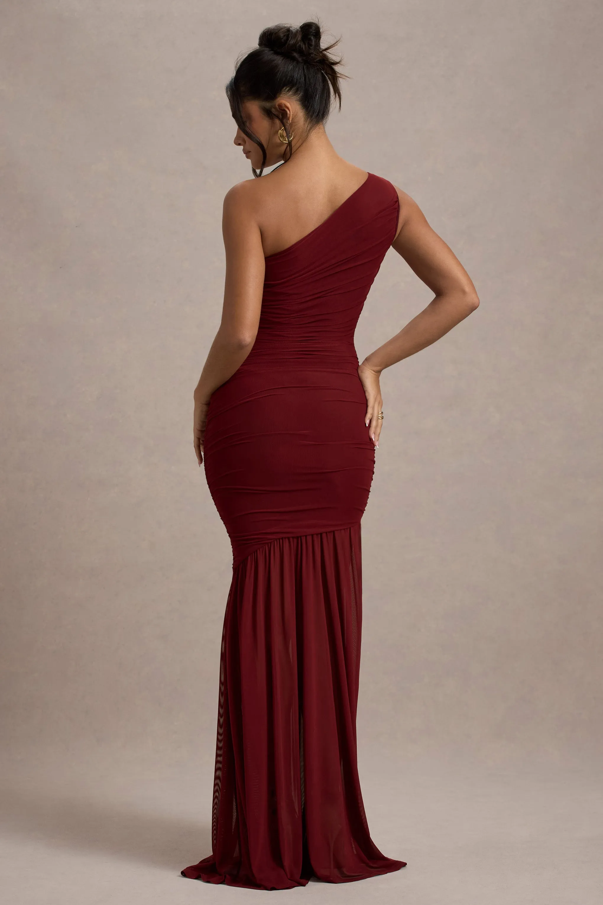 Bastia | Burgundy Ruched Mesh Asymmetric Maxi Dress Club L London