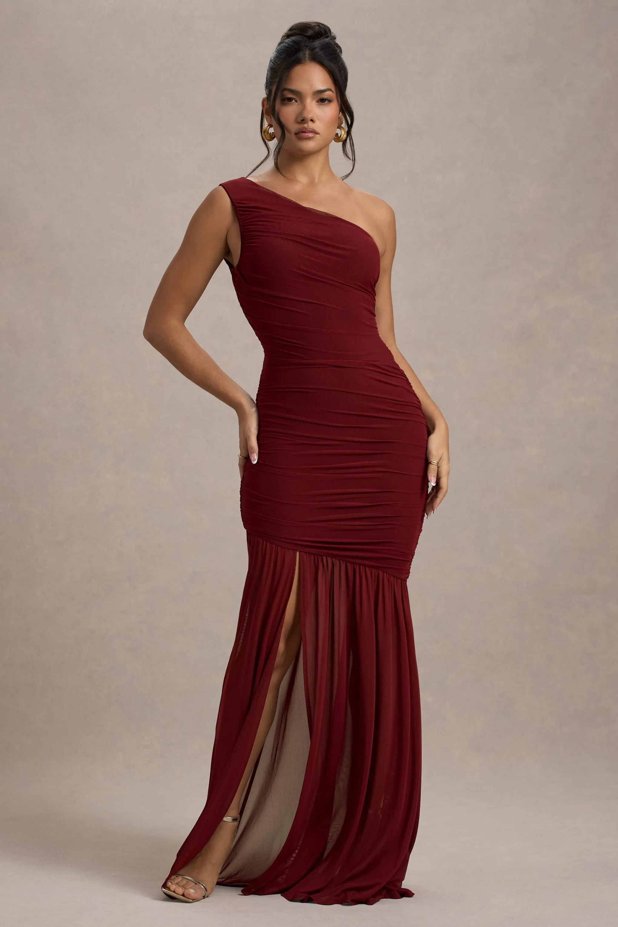 Bastia | Burgundy Ruched Mesh Asymmetric Maxi Dress Club L London