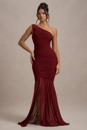 Bastia | Burgundy Ruched Mesh Asymmetric Maxi Dress Club L London