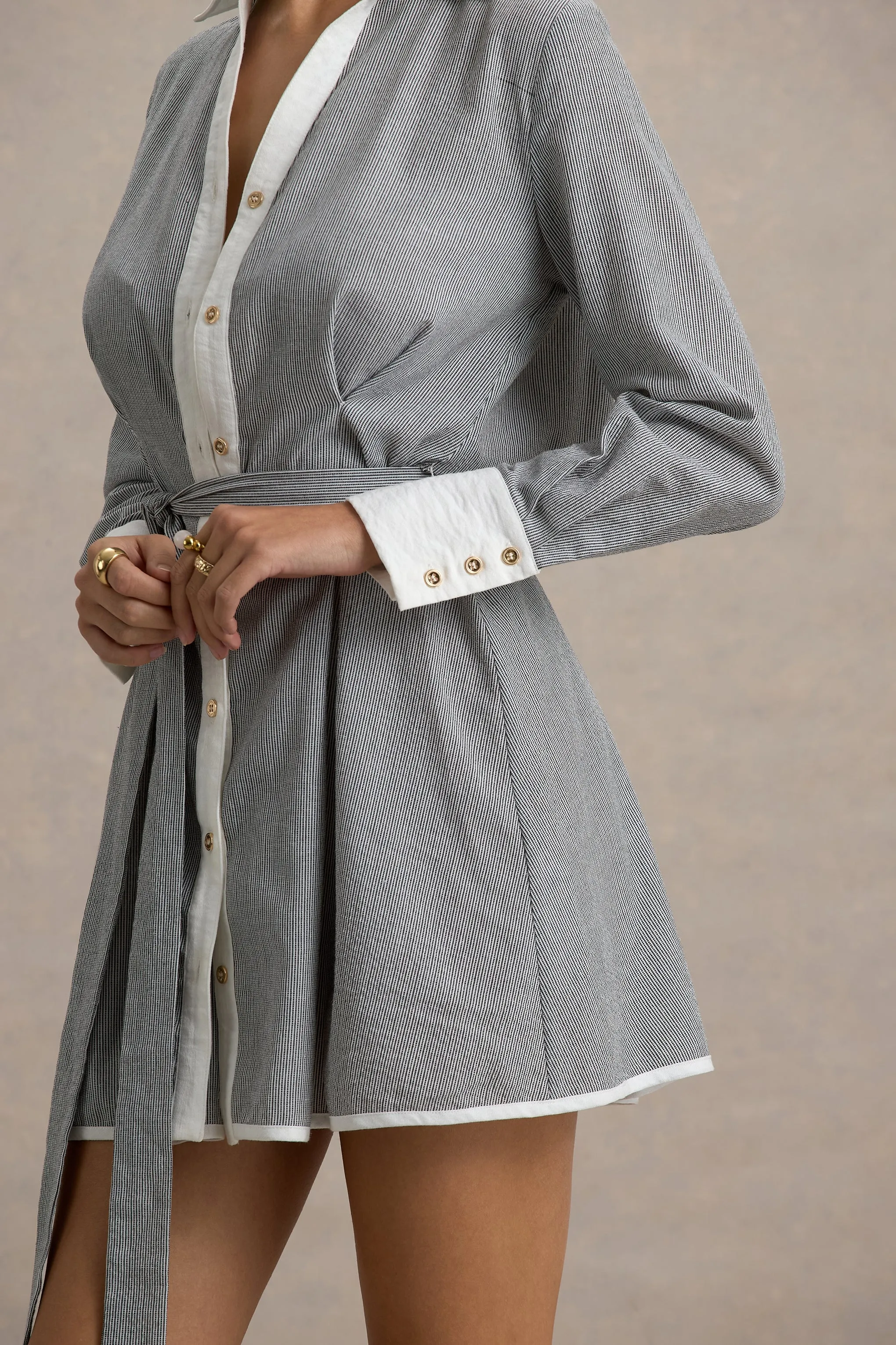 Beatriz | Grey Linen Pinstripe Mini Shirt Dress Club L London