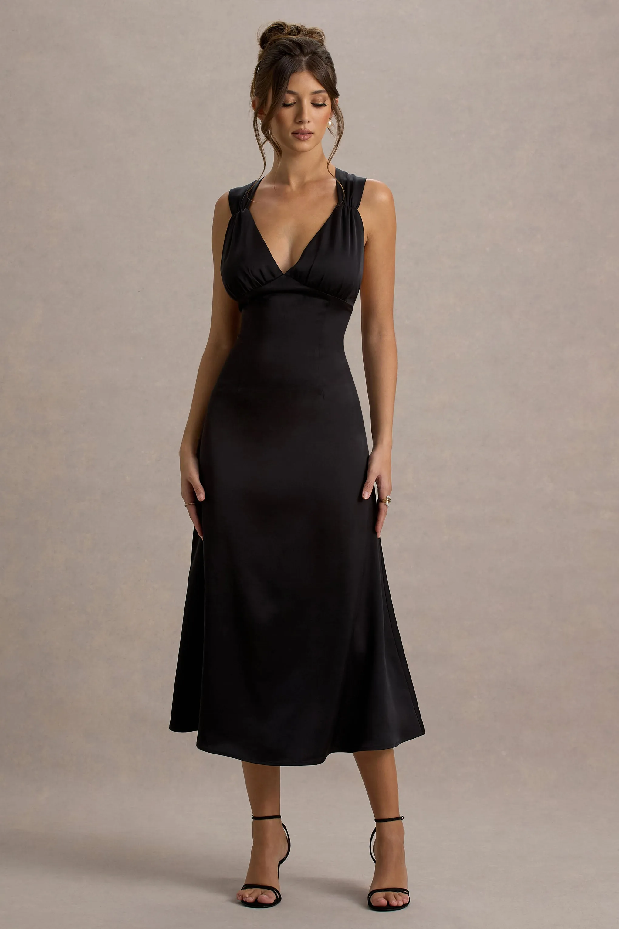Beck | Black Satin Plunge-Neck Cross-Back Midi Dress Club L London