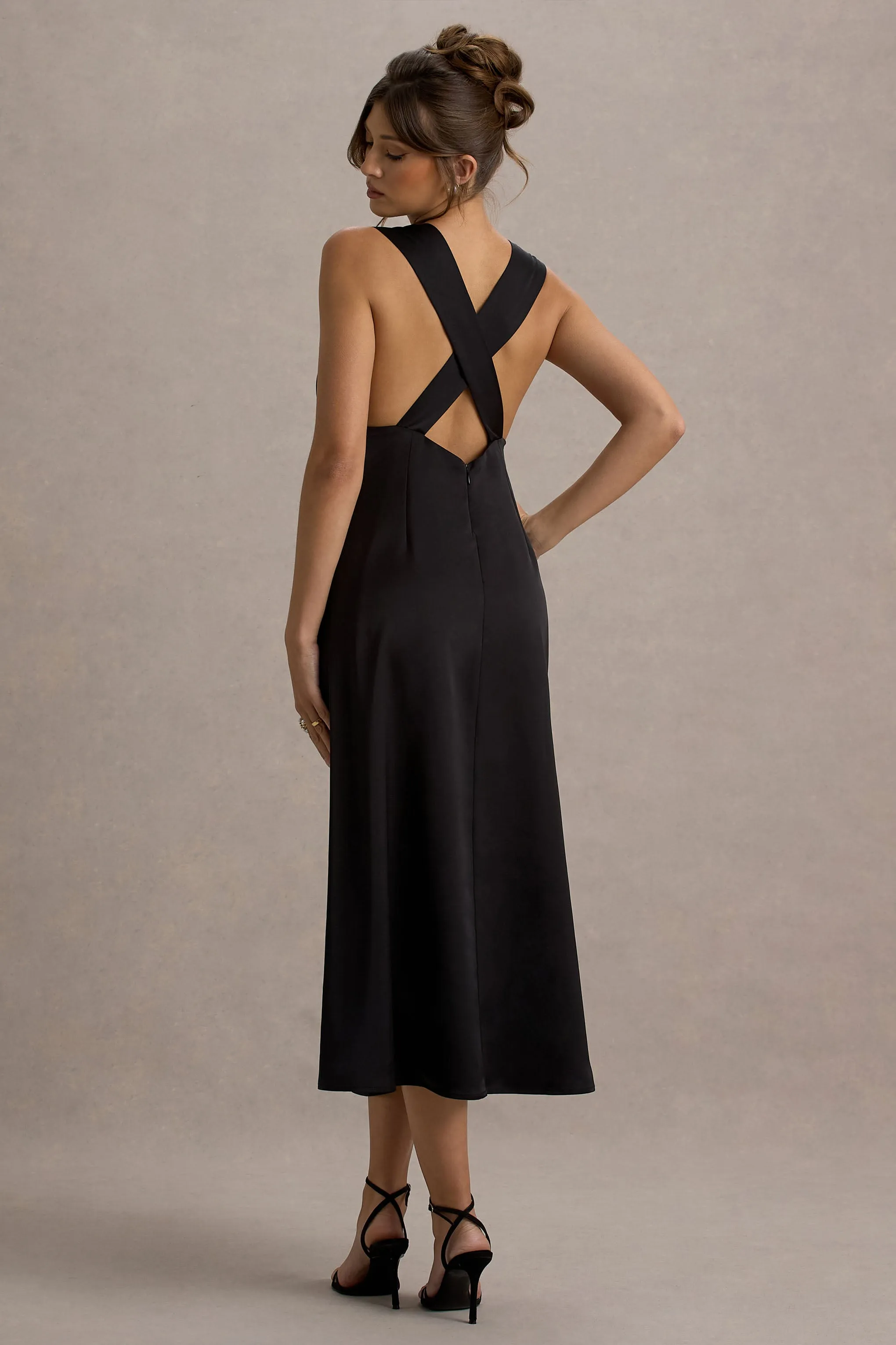 Beck | Black Satin Plunge-Neck Cross-Back Midi Dress Club L London
