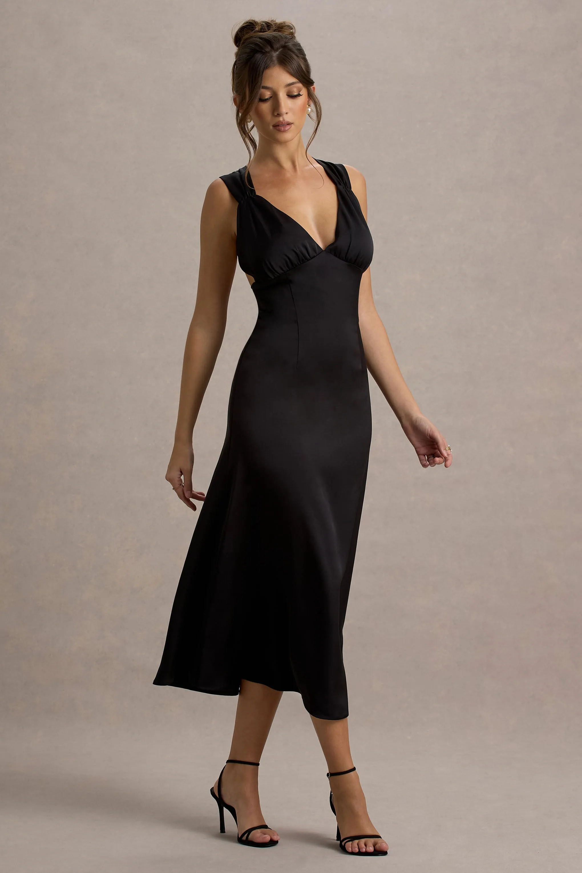 Beck | Black Satin Plunge-Neck Cross-Back Midi Dress Club L London