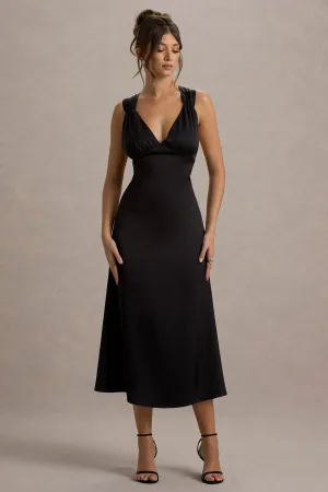 Beck | Black Satin Plunge-Neck Cross-Back Midi Dress Club L London