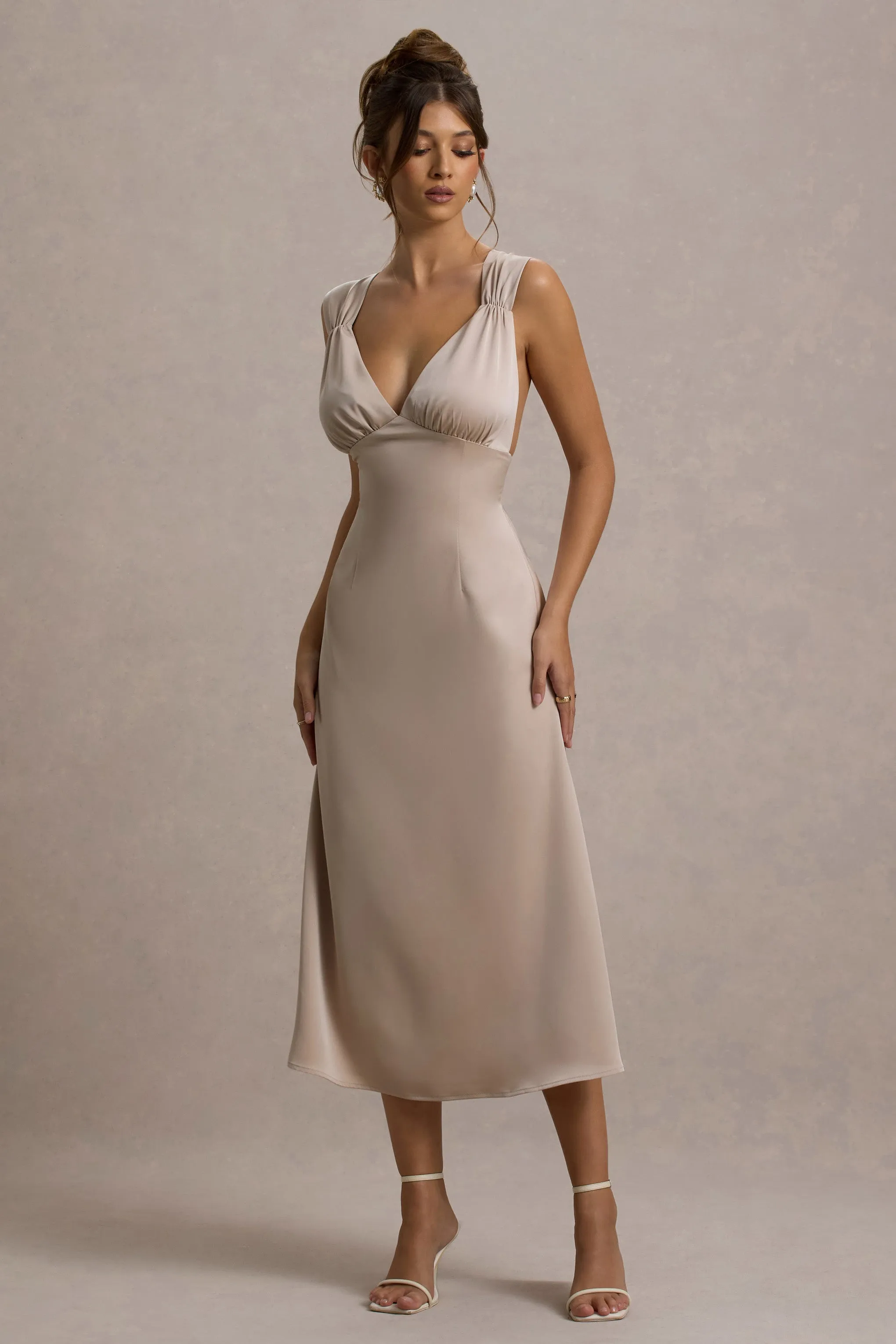 Beck | Champagne Satin Plunge-Neck Cross-Back Midi Dress Club L London
