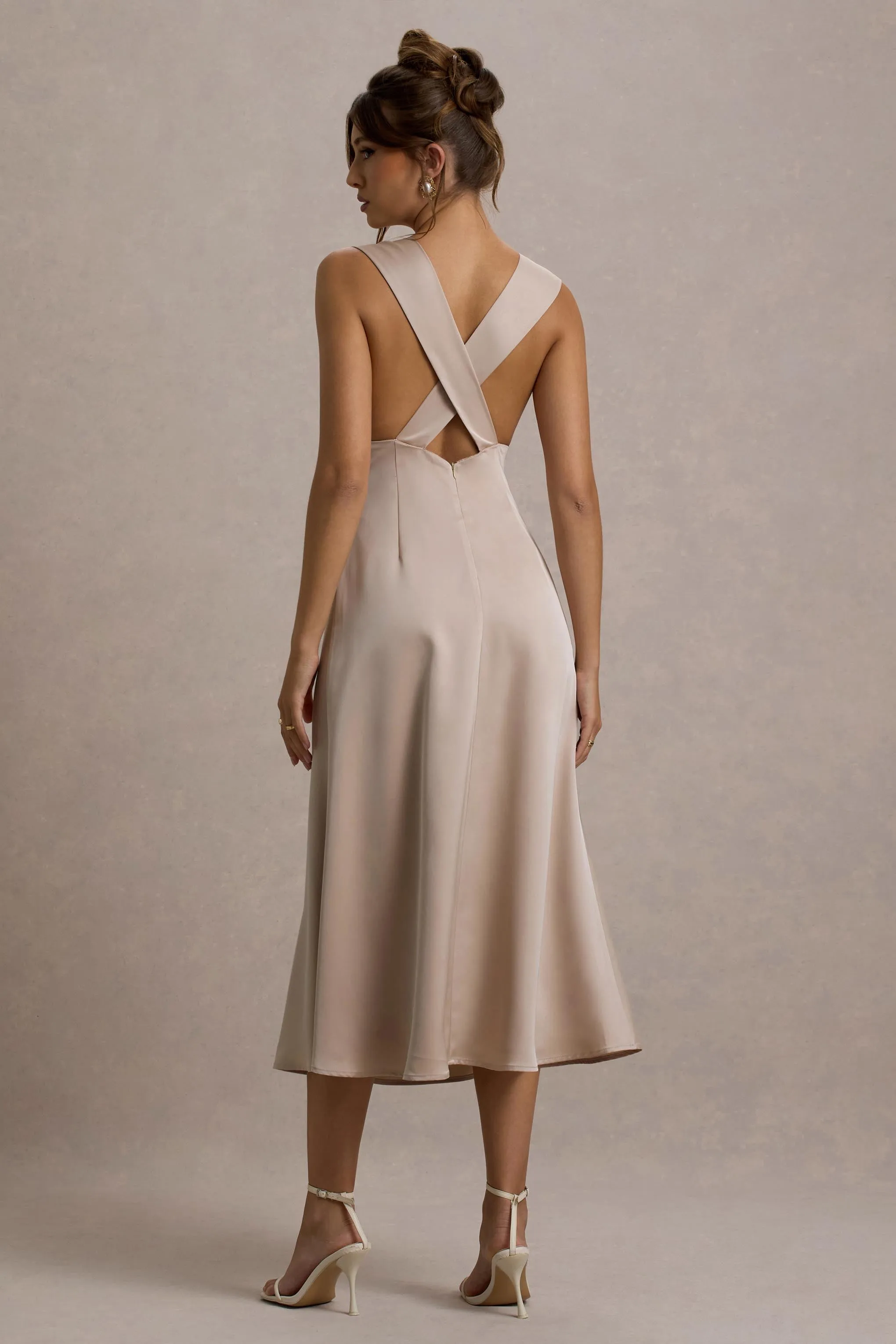 Beck | Champagne Satin Plunge-Neck Cross-Back Midi Dress Club L London