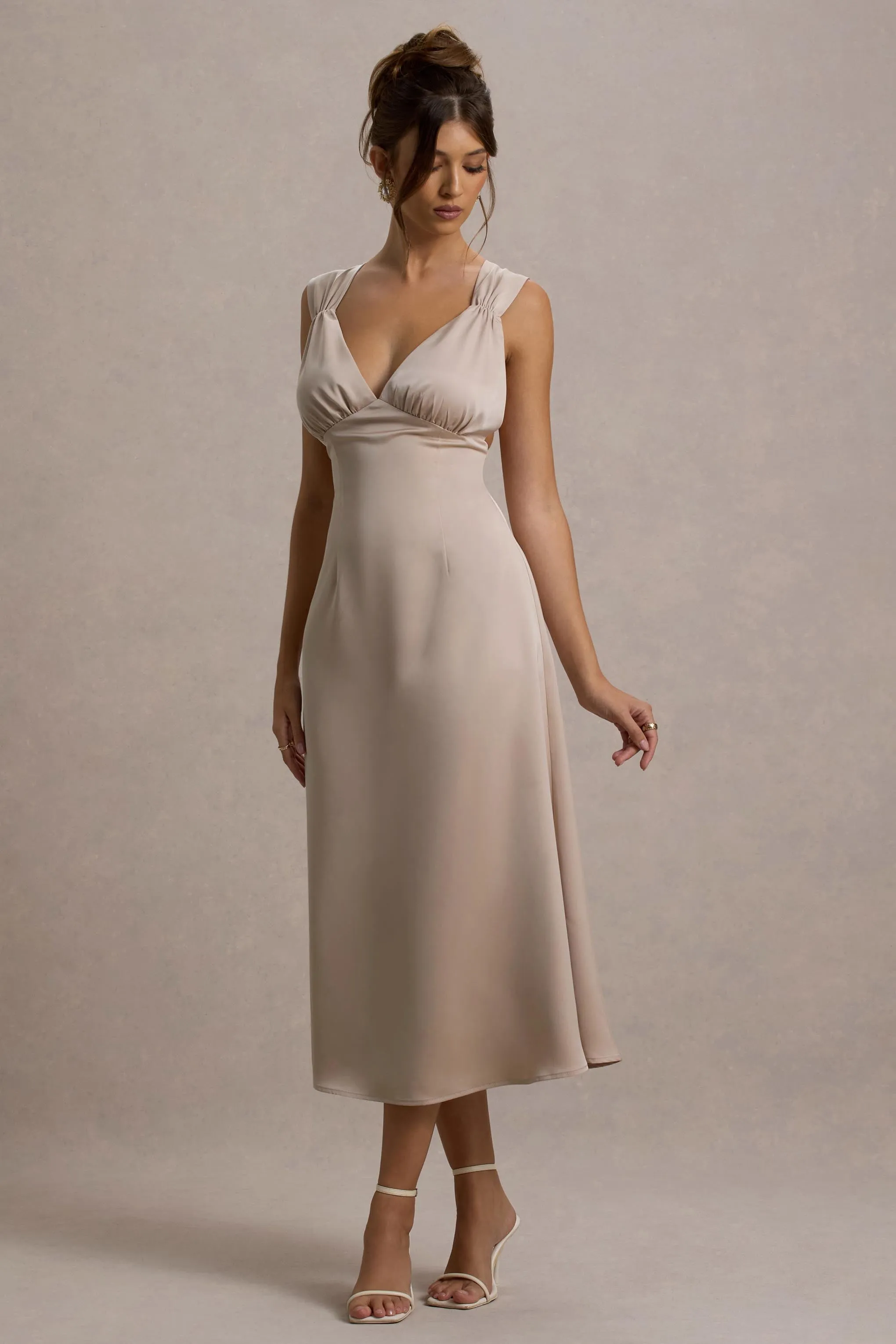 Beck | Champagne Satin Plunge-Neck Cross-Back Midi Dress Club L London