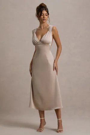 Beck | Champagne Satin Plunge-Neck Cross-Back Midi Dress Club L London