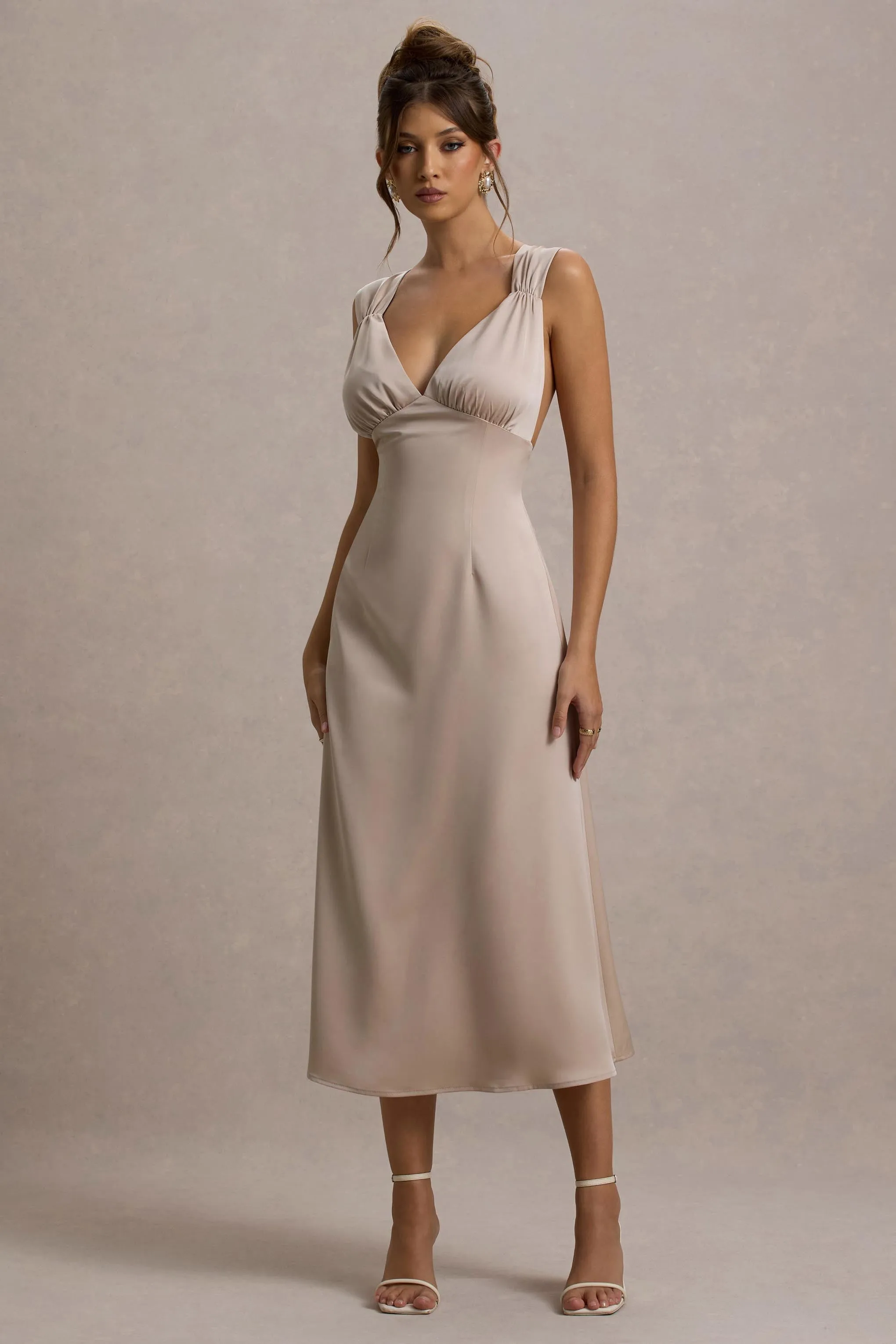 Beck | Champagne Satin Plunge-Neck Cross-Back Midi Dress Club L London