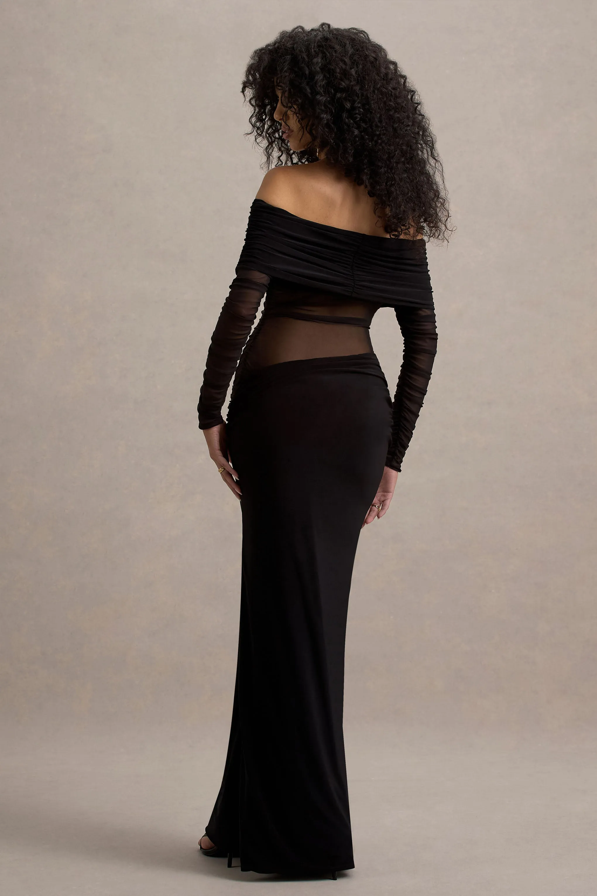 Belamour | Black Semi-Sheer Bardot Gathered Maxi Dress Club L London