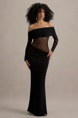 Belamour | Black Semi-Sheer Bardot Gathered Maxi Dress Club L London