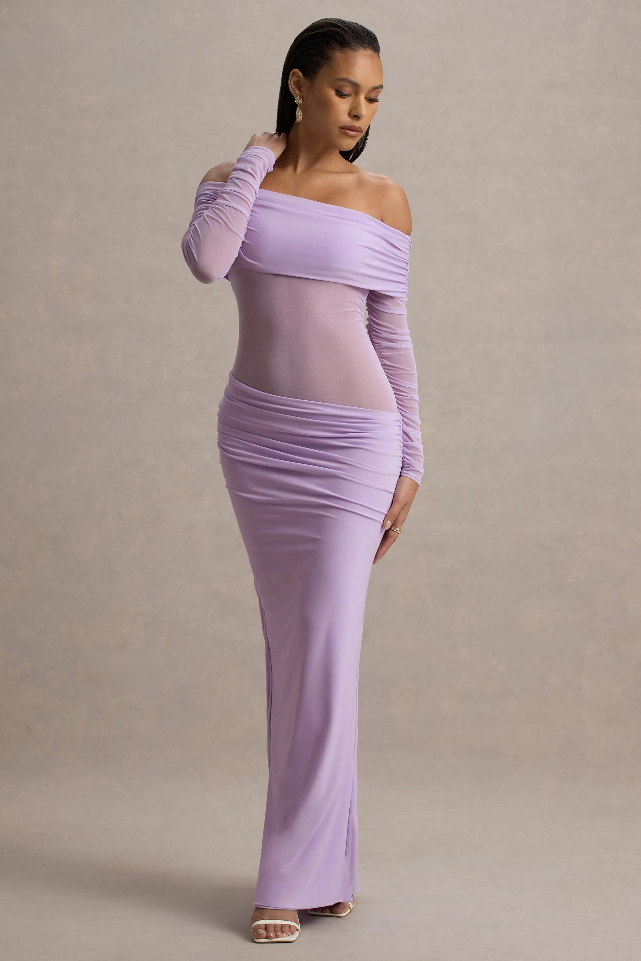 Belamour | Lavender Semi-Sheer Bardot Gathered Maxi Dress Club L London