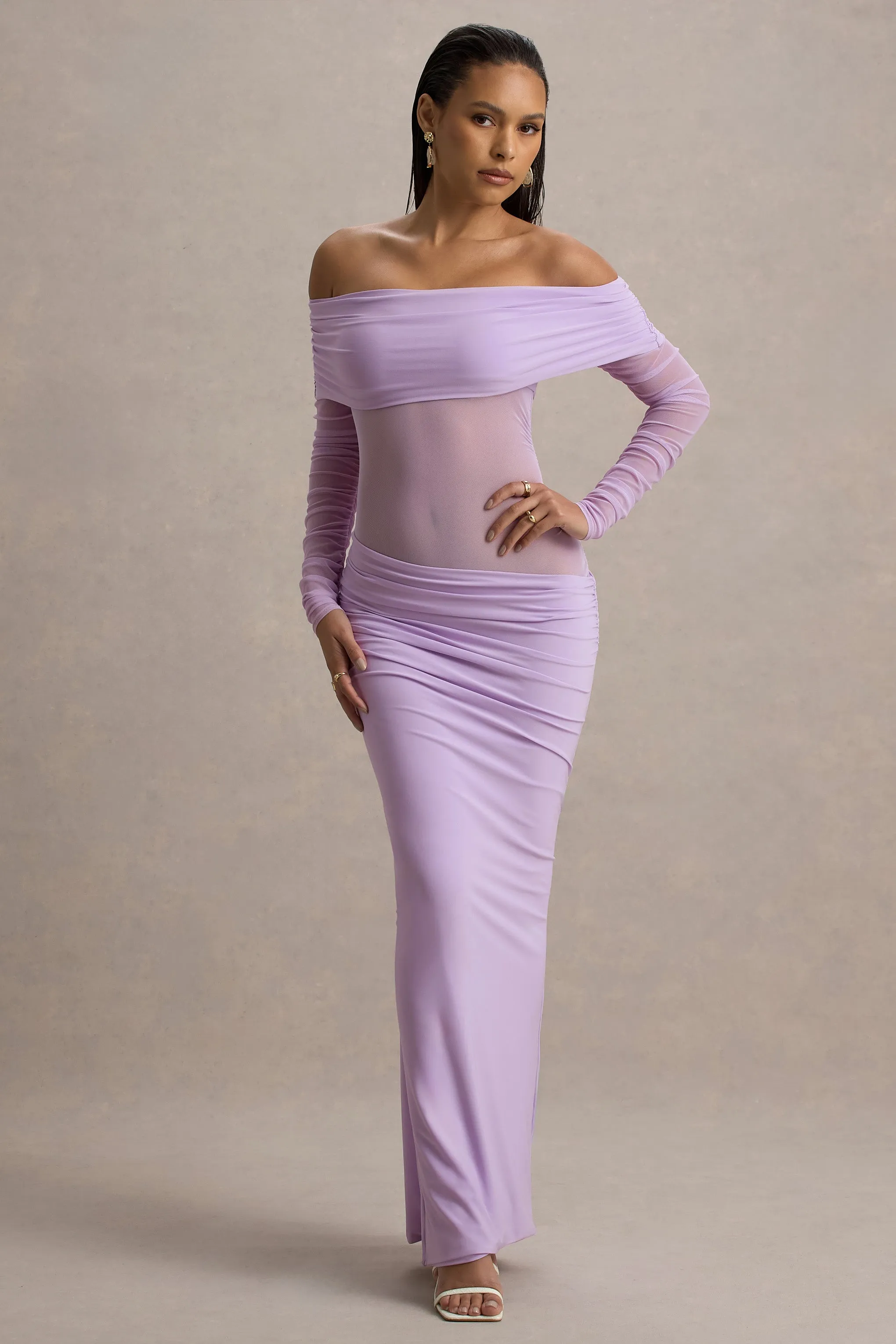 Belamour | Lavender Semi-Sheer Bardot Gathered Maxi Dress Club L London