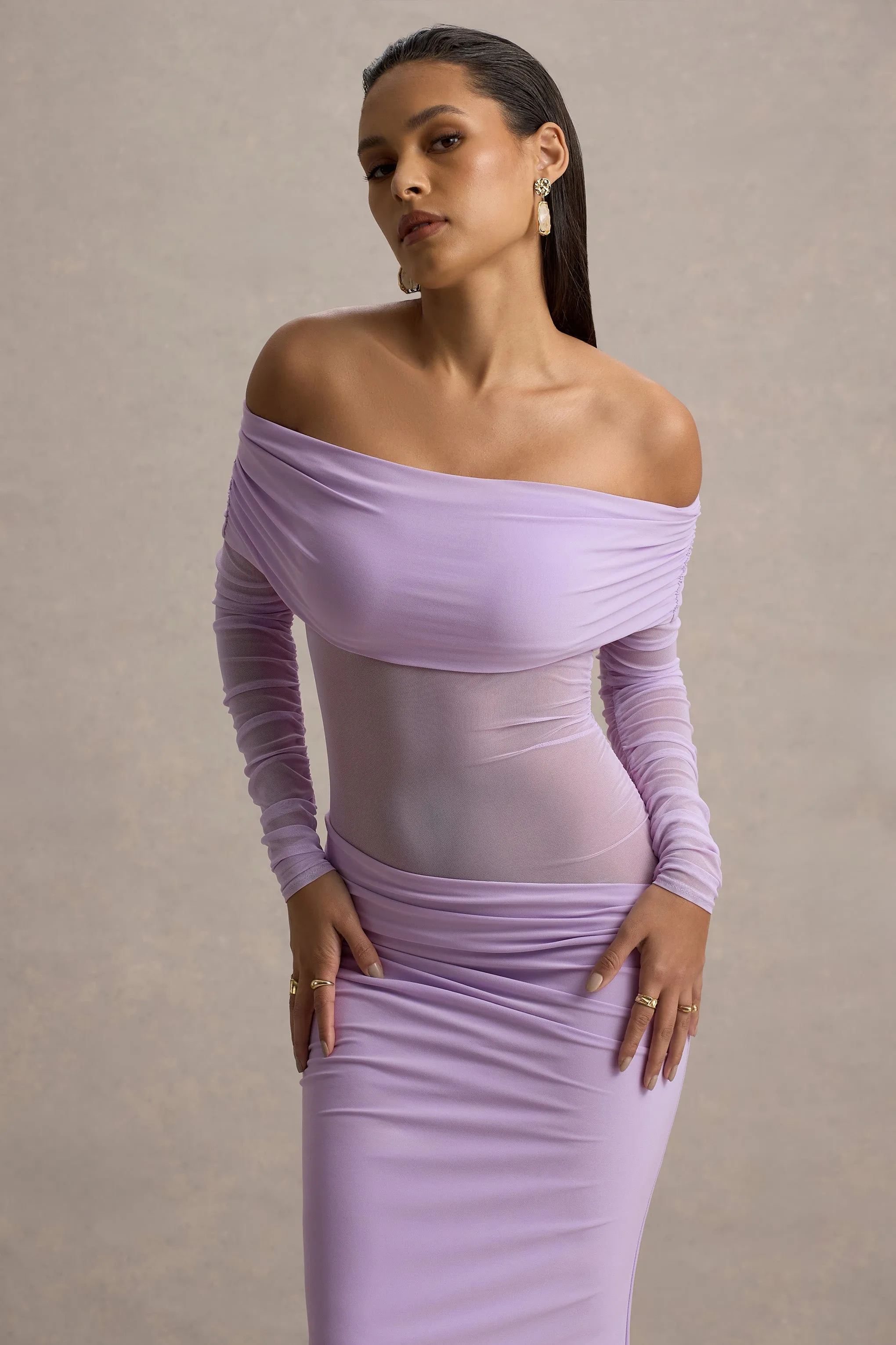 Belamour | Lavender Semi-Sheer Bardot Gathered Maxi Dress Club L London