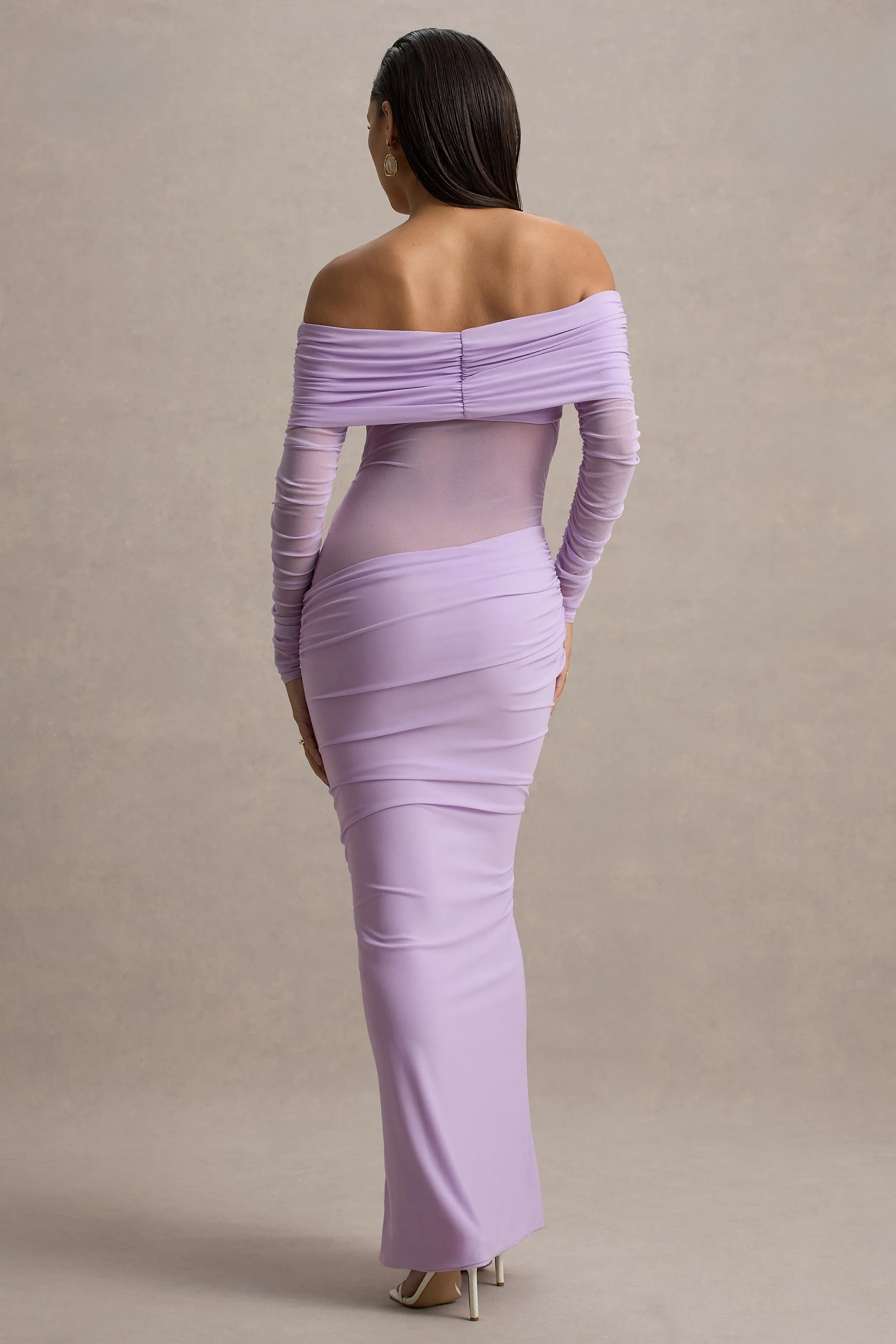 Belamour | Lavender Semi-Sheer Bardot Gathered Maxi Dress Club L London