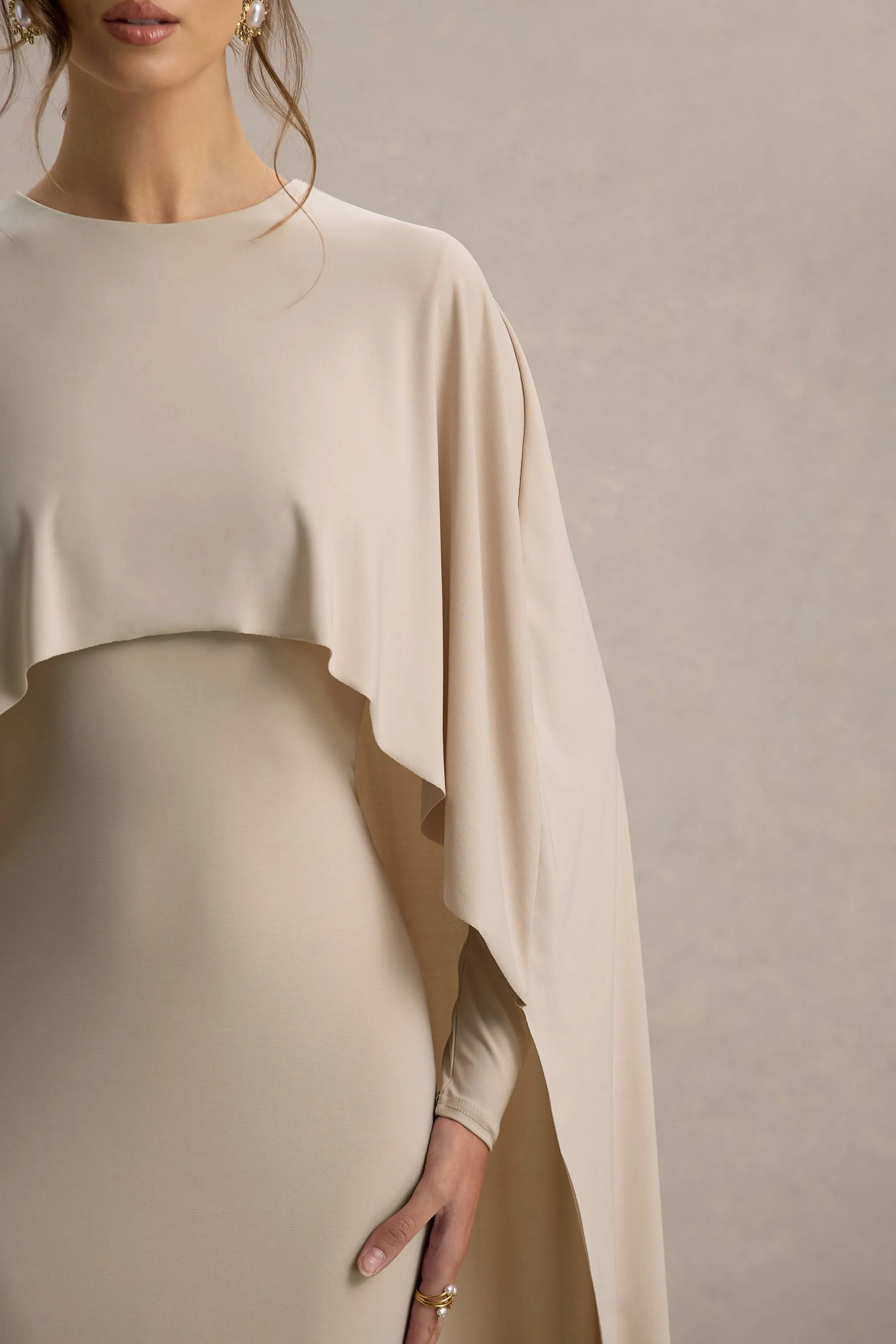 Belinda | Champagne Draped Maxi Dress With Cape Sleeves Club L London