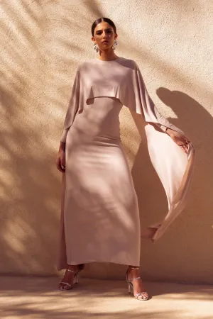 Belinda | Champagne Draped Maxi Dress With Cape Sleeves Club L London