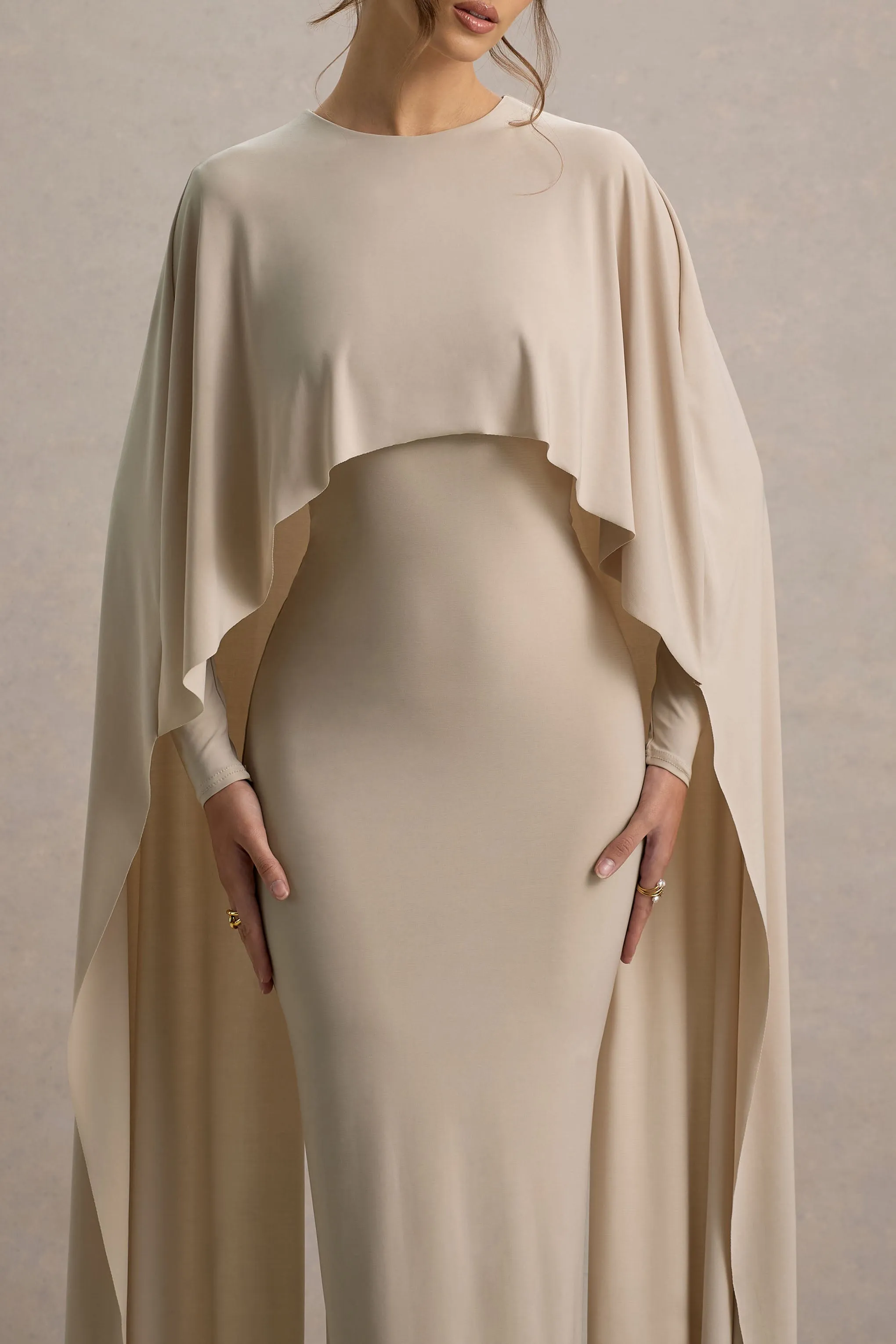 Belinda | Champagne Draped Maxi Dress With Cape Sleeves Club L London
