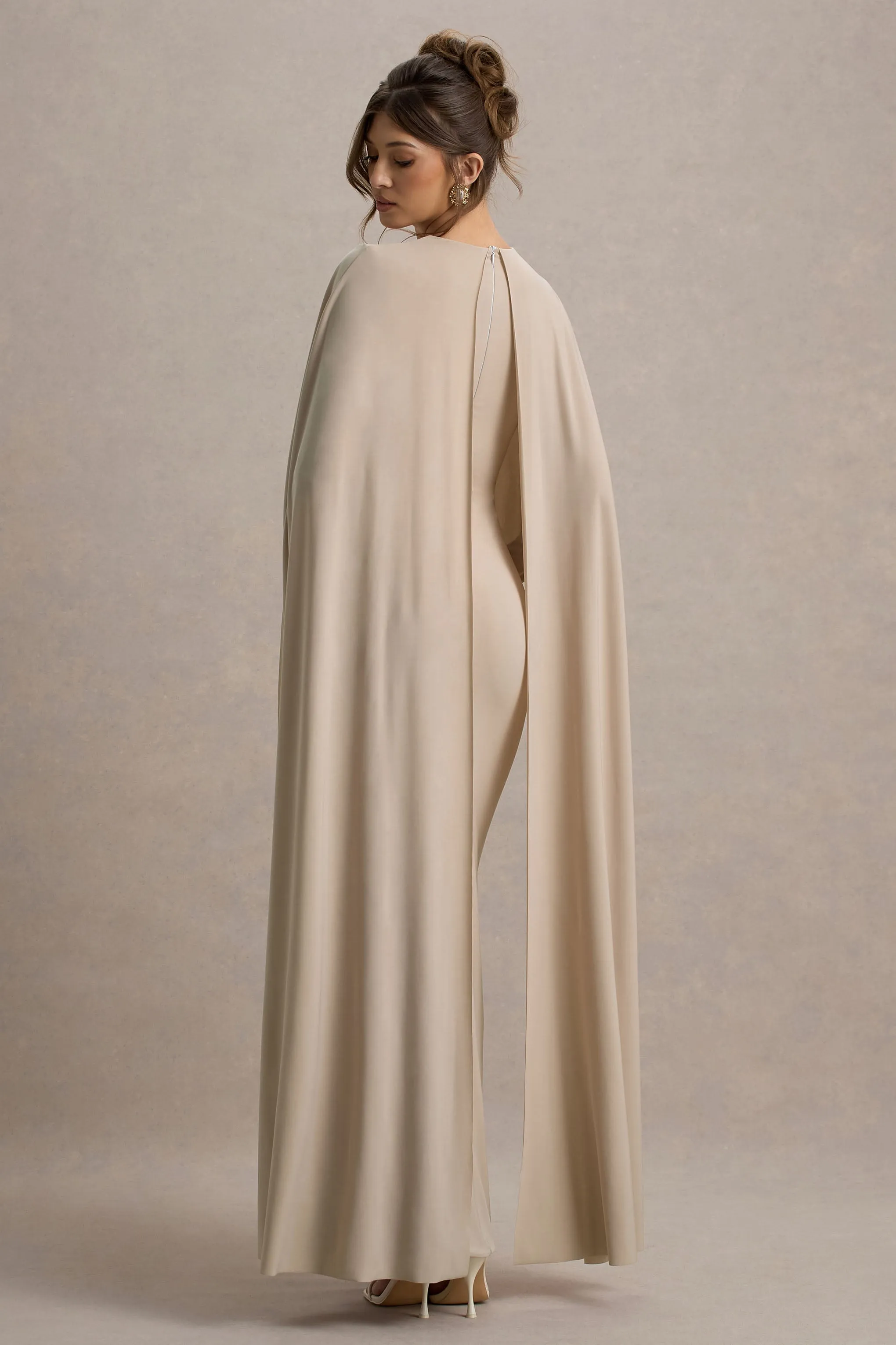 Belinda | Champagne Draped Maxi Dress With Cape Sleeves Club L London