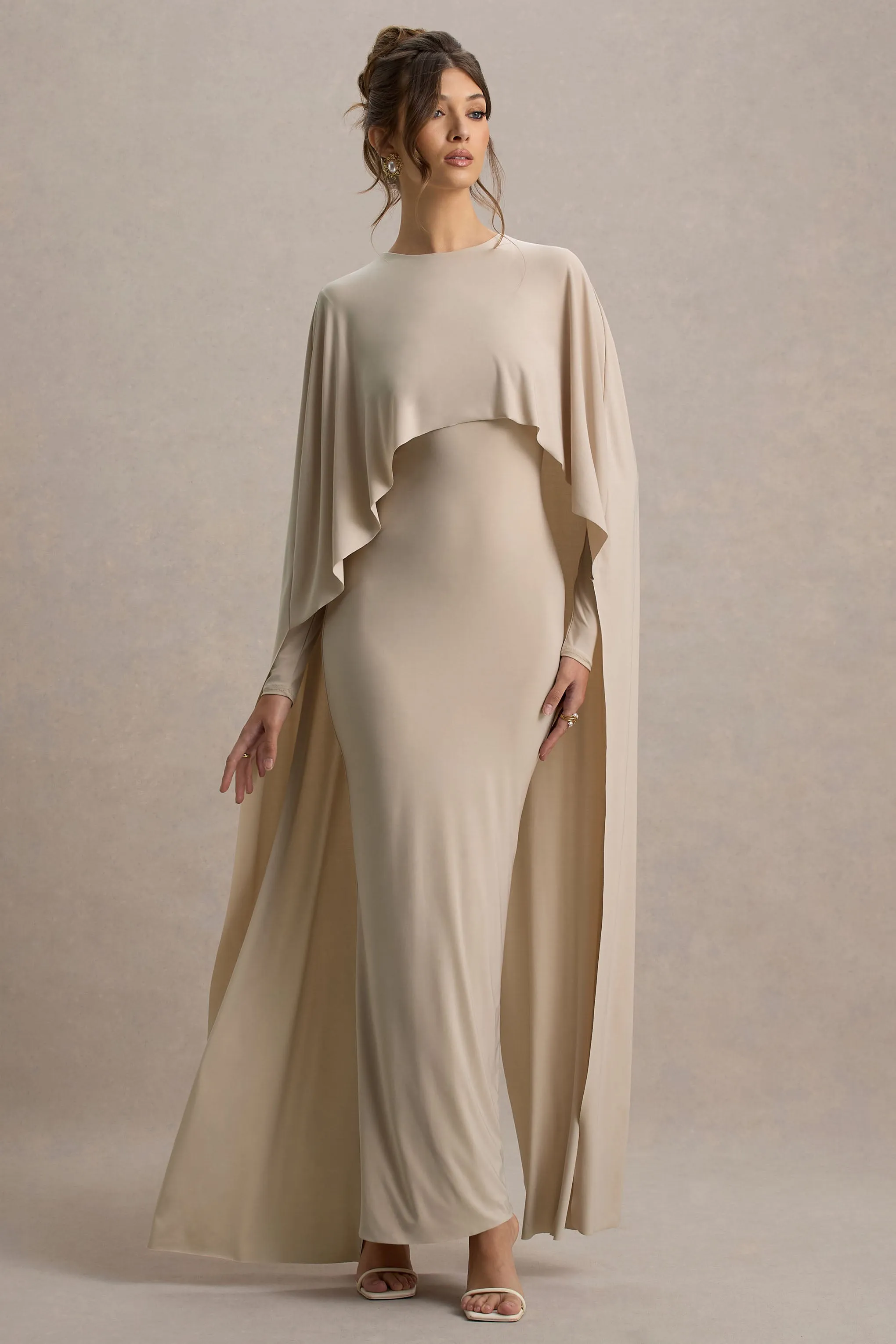 Belinda | Champagne Draped Maxi Dress With Cape Sleeves Club L London
