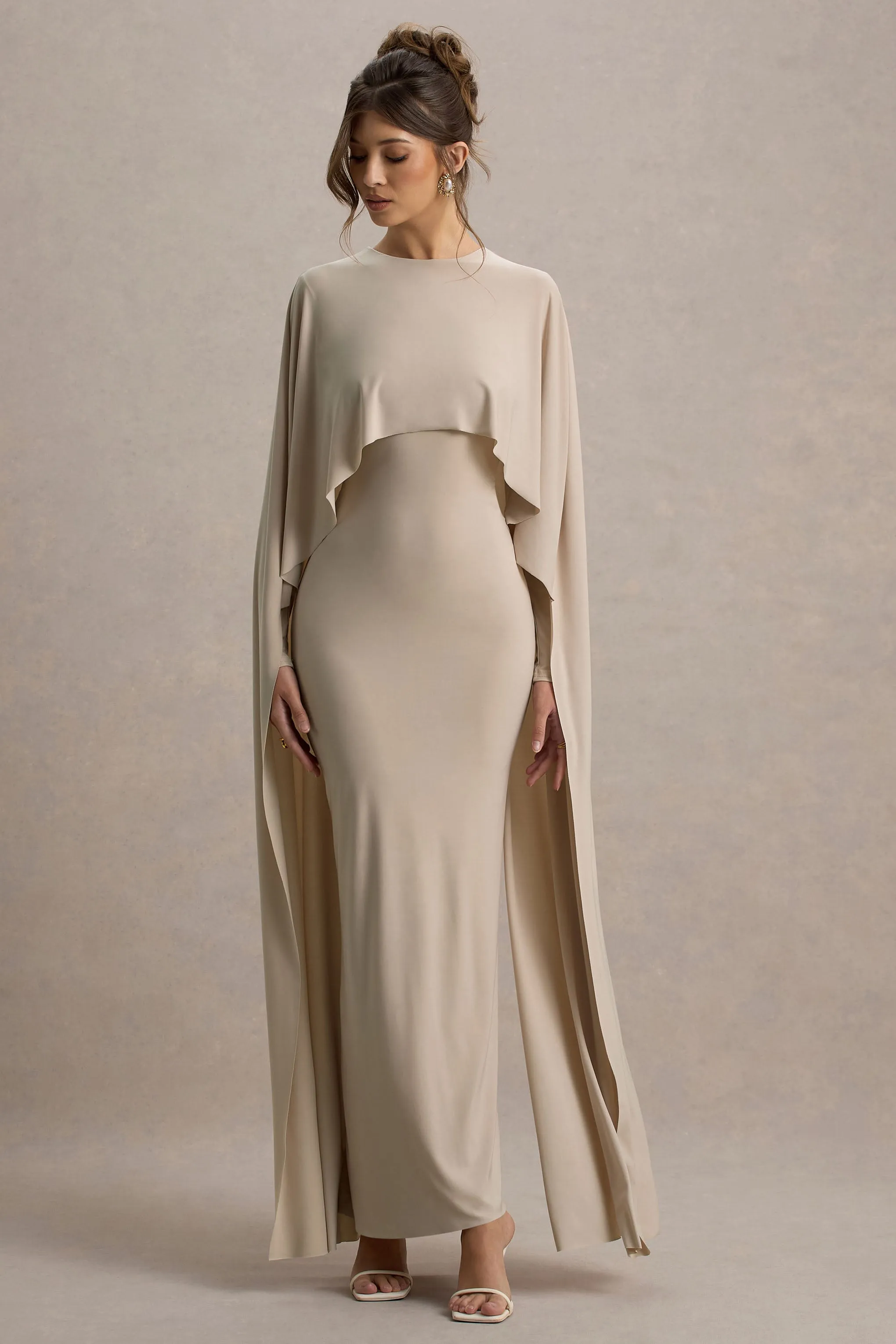 Belinda | Champagne Draped Maxi Dress With Cape Sleeves Club L London