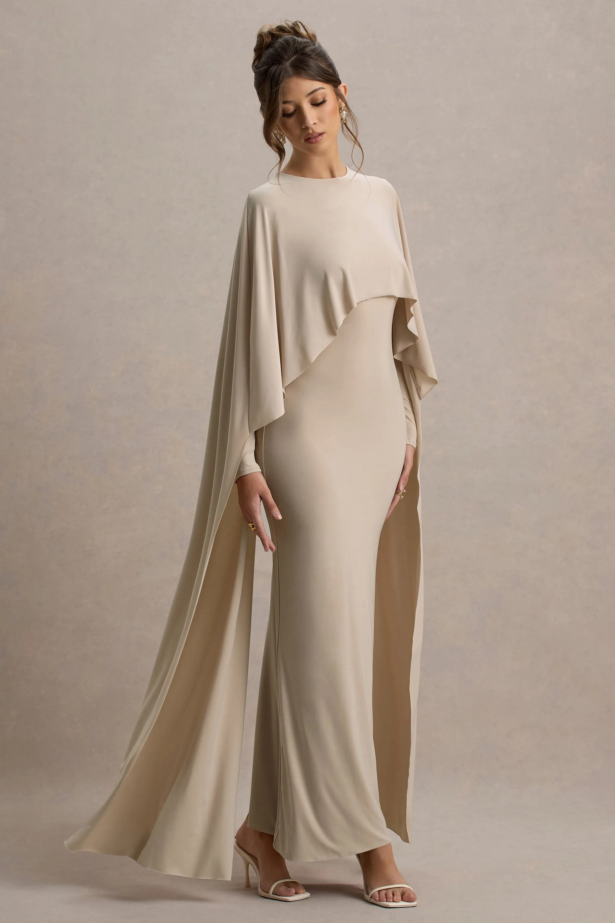 Belinda | Champagne Draped Maxi Dress With Cape Sleeves Club L London