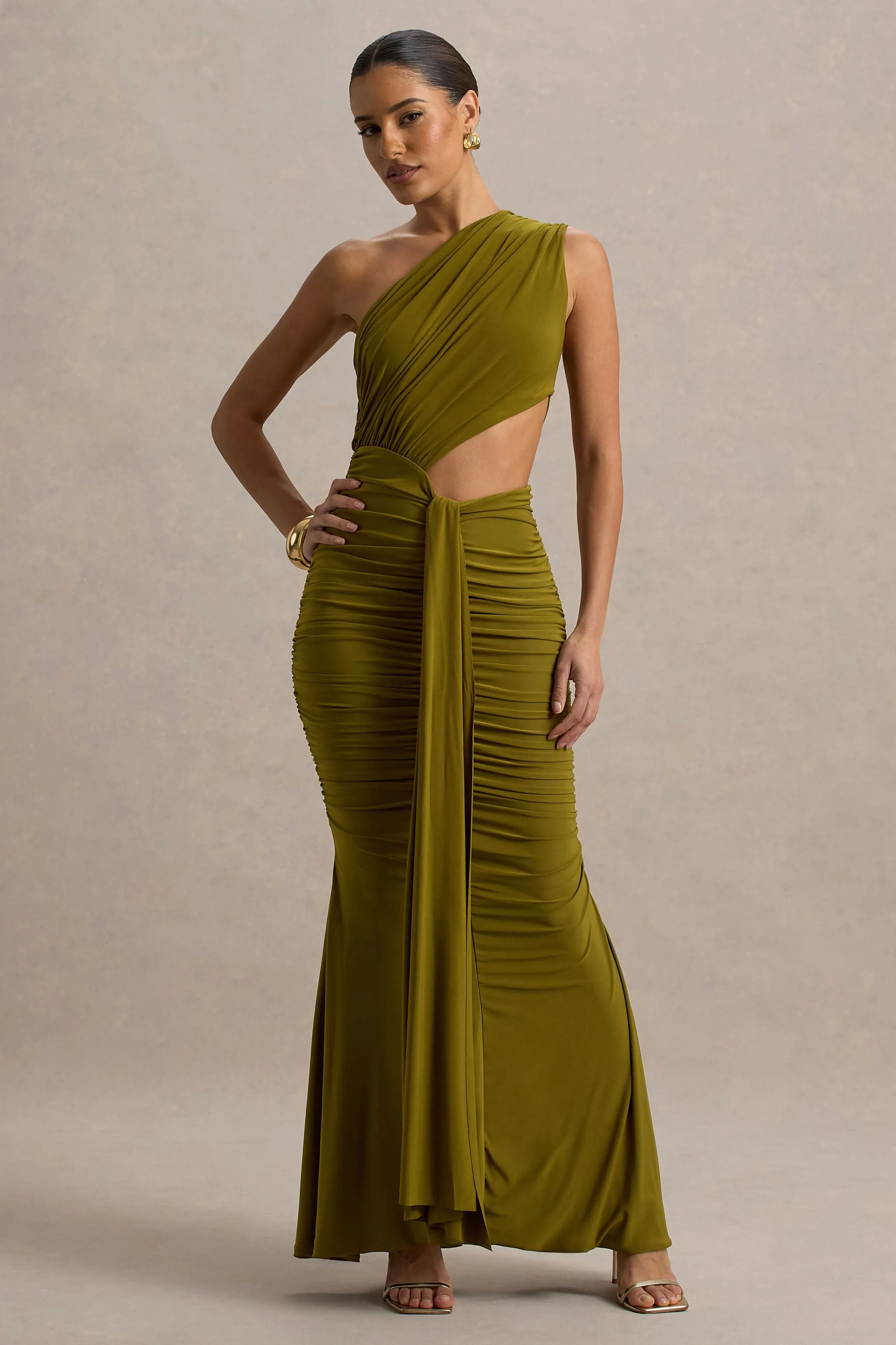 Beline | Green One-Shoulder Cut-Out Maxi Dress With Drape Club L London