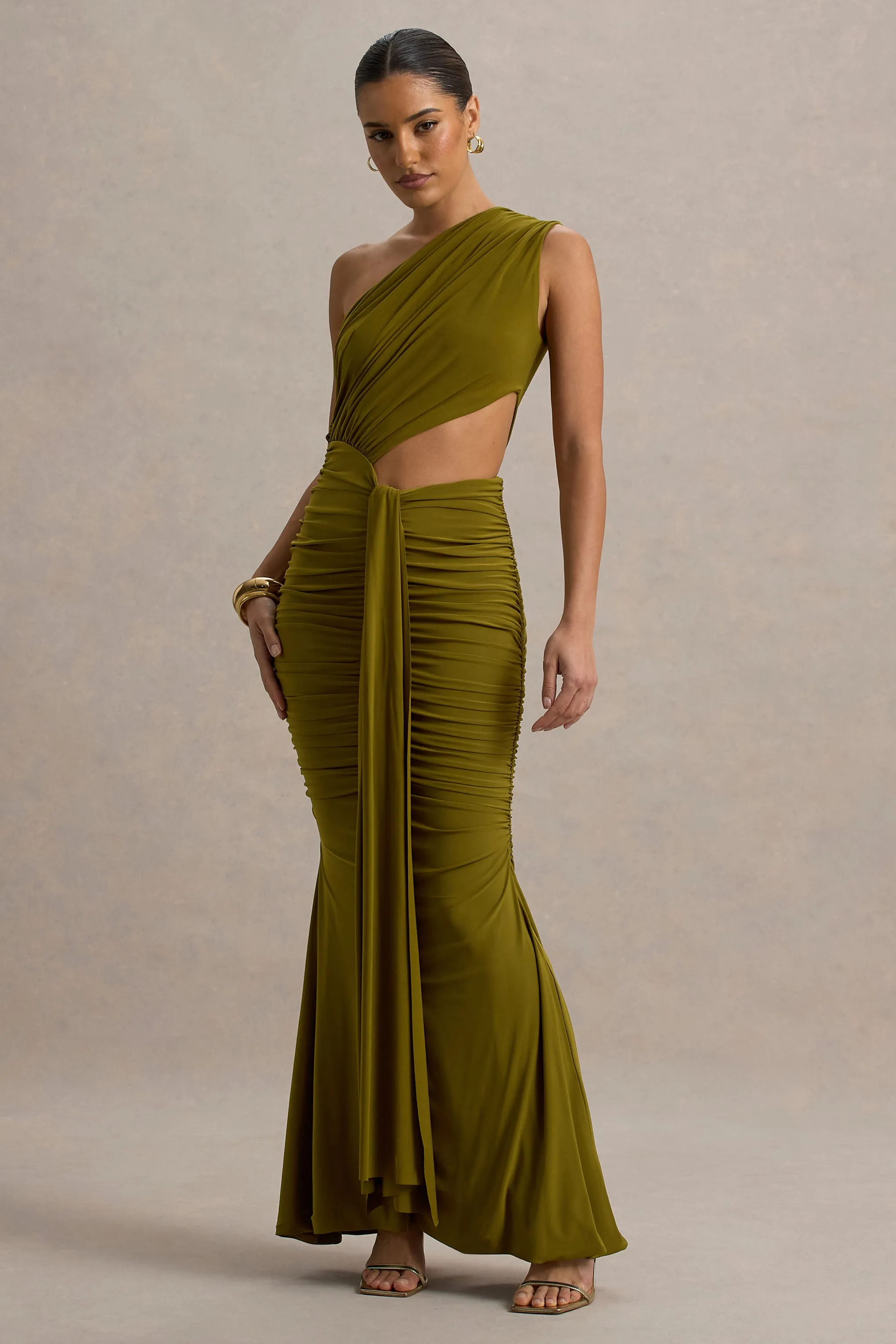 Beline | Green One-Shoulder Cut-Out Maxi Dress With Drape Club L London