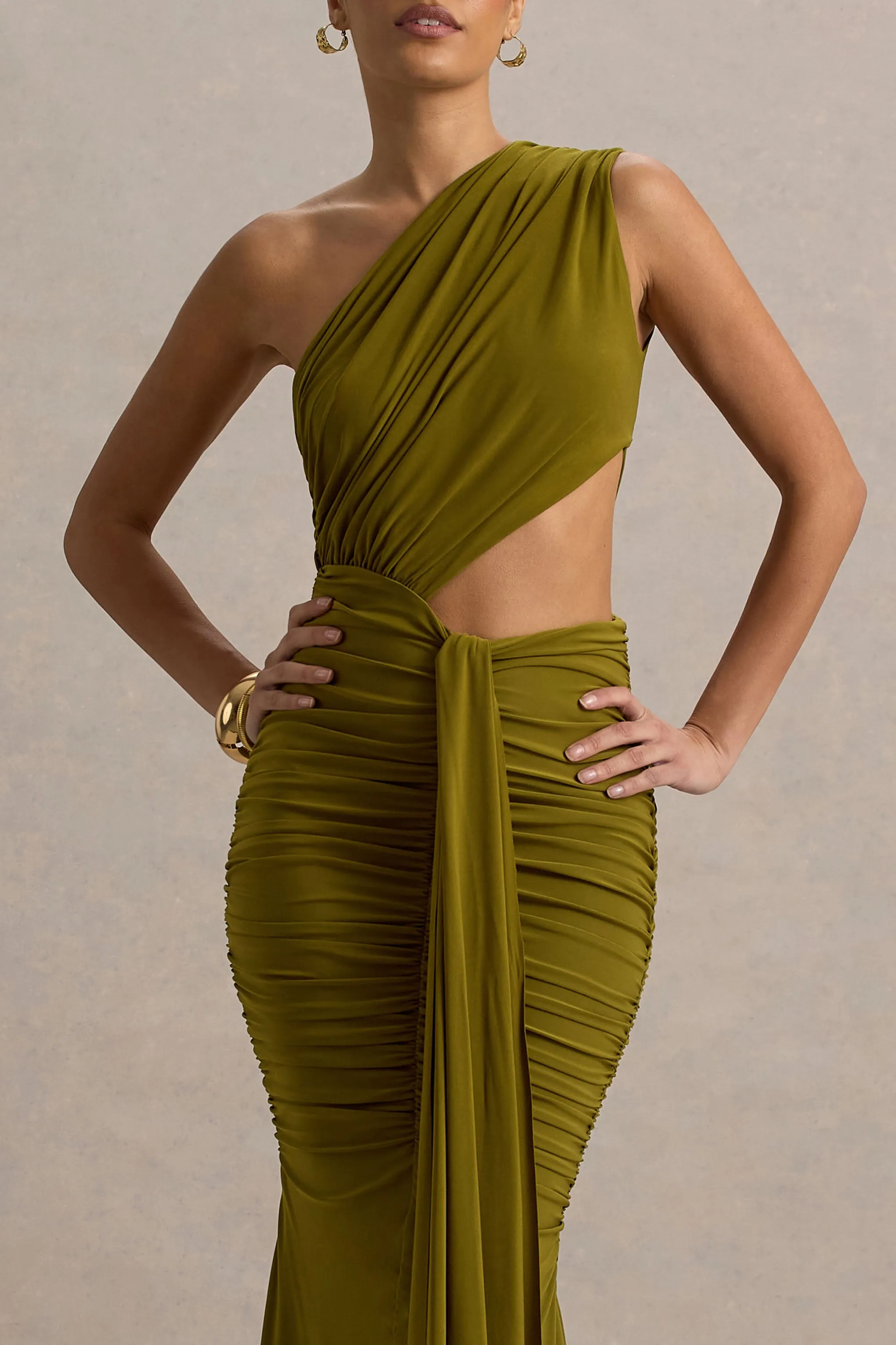 Beline | Green One-Shoulder Cut-Out Maxi Dress With Drape Club L London