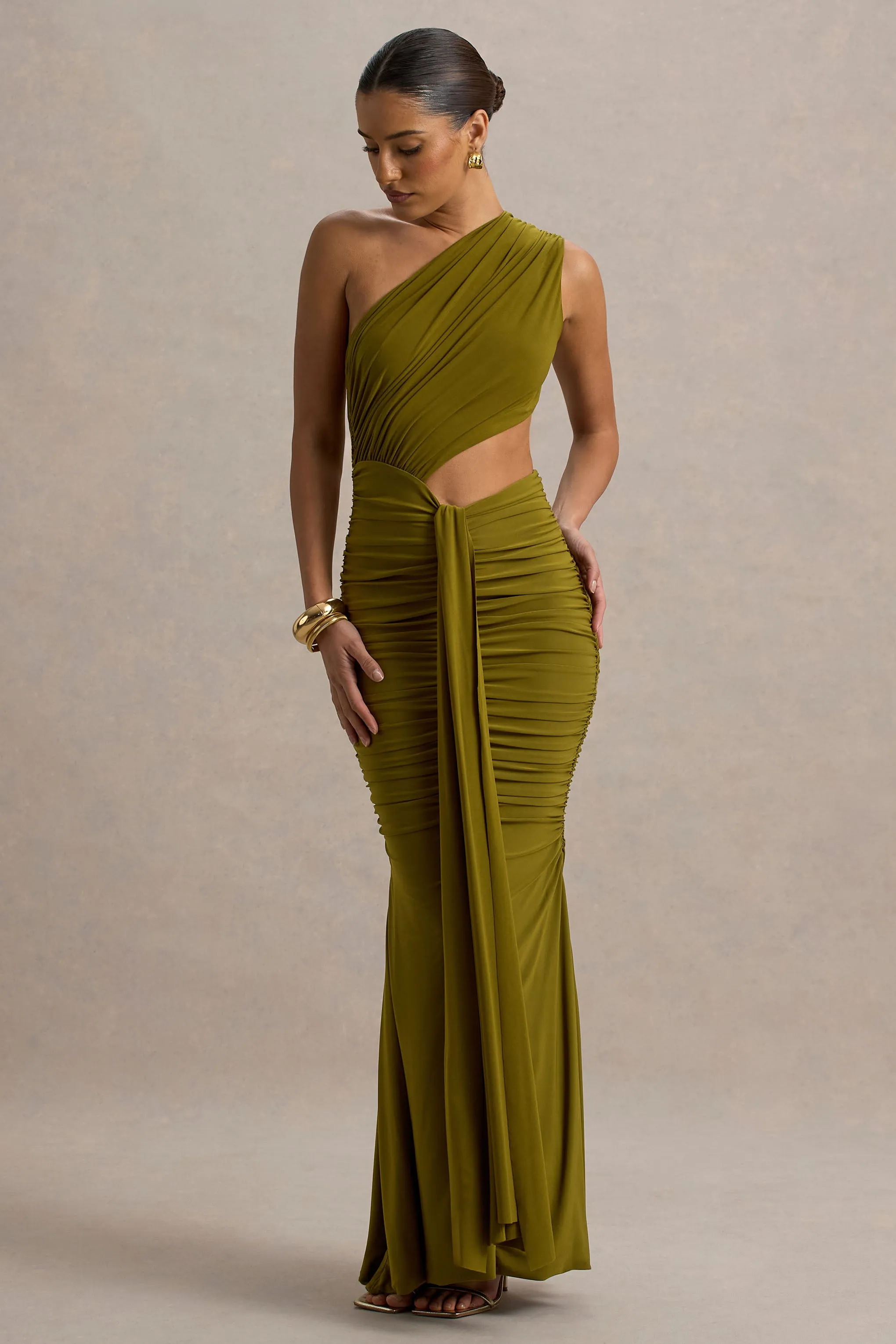 Beline | Green One-Shoulder Cut-Out Maxi Dress With Drape Club L London