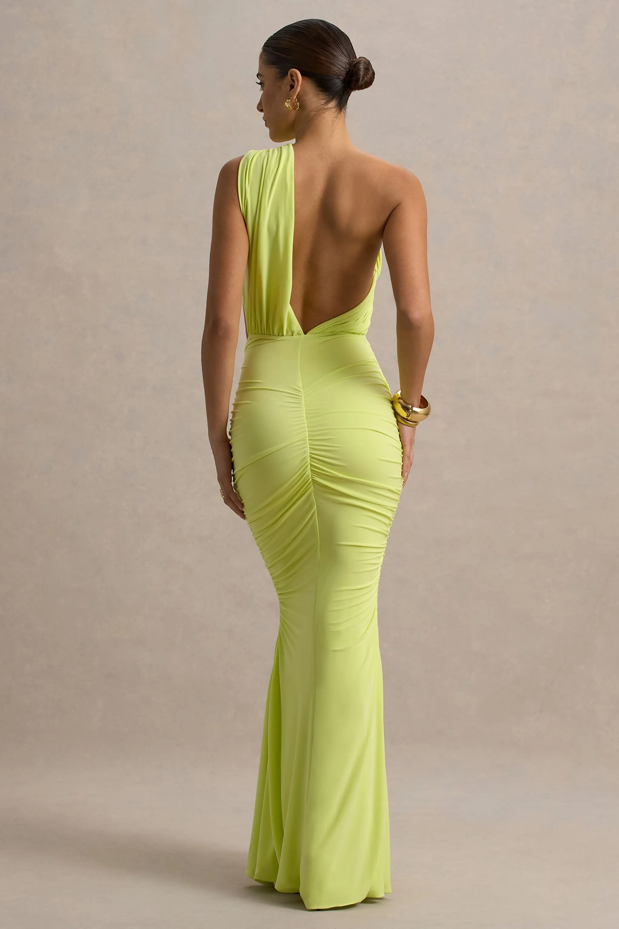 Beline | Lime Green One-Shoulder Cut-Out Maxi Dress With Drape Club L London