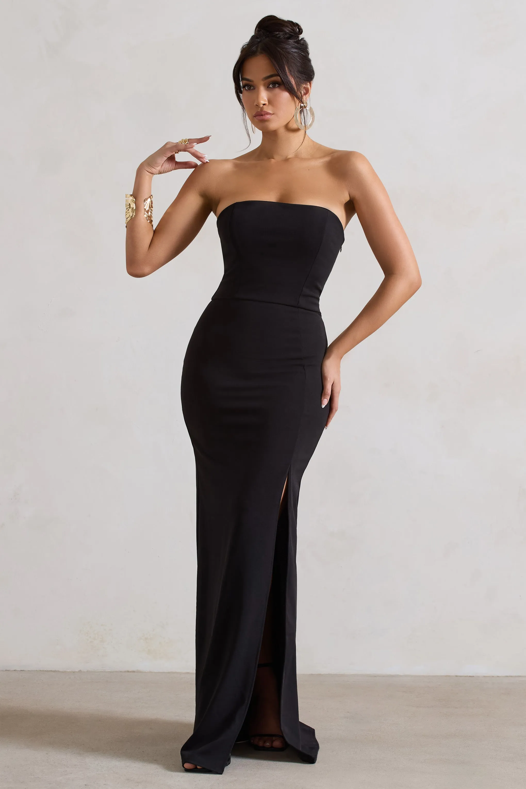 Belle of The Ball | Black Bandeau Maxi Dress With Split Hem Club L London