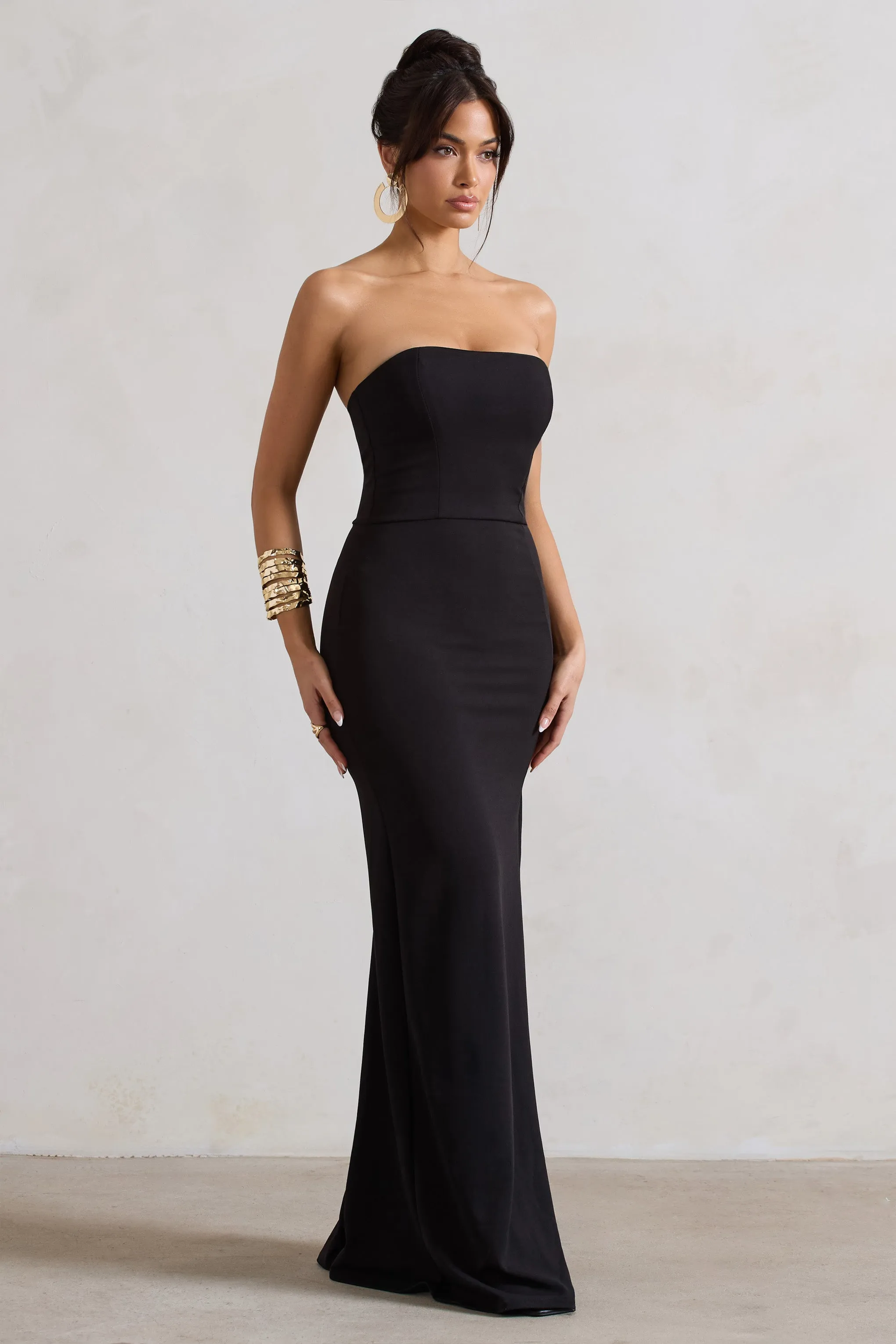 Belle of The Ball | Black Bandeau Maxi Dress With Split Hem Club L London