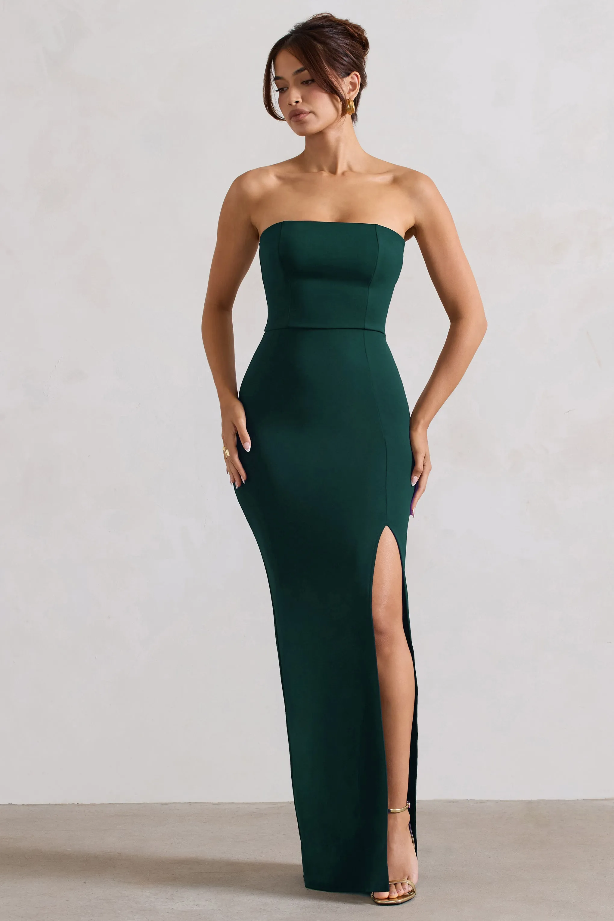 Belle of The Ball | Bottle Green Bandeau Maxi Dress With Split Hem Club L London