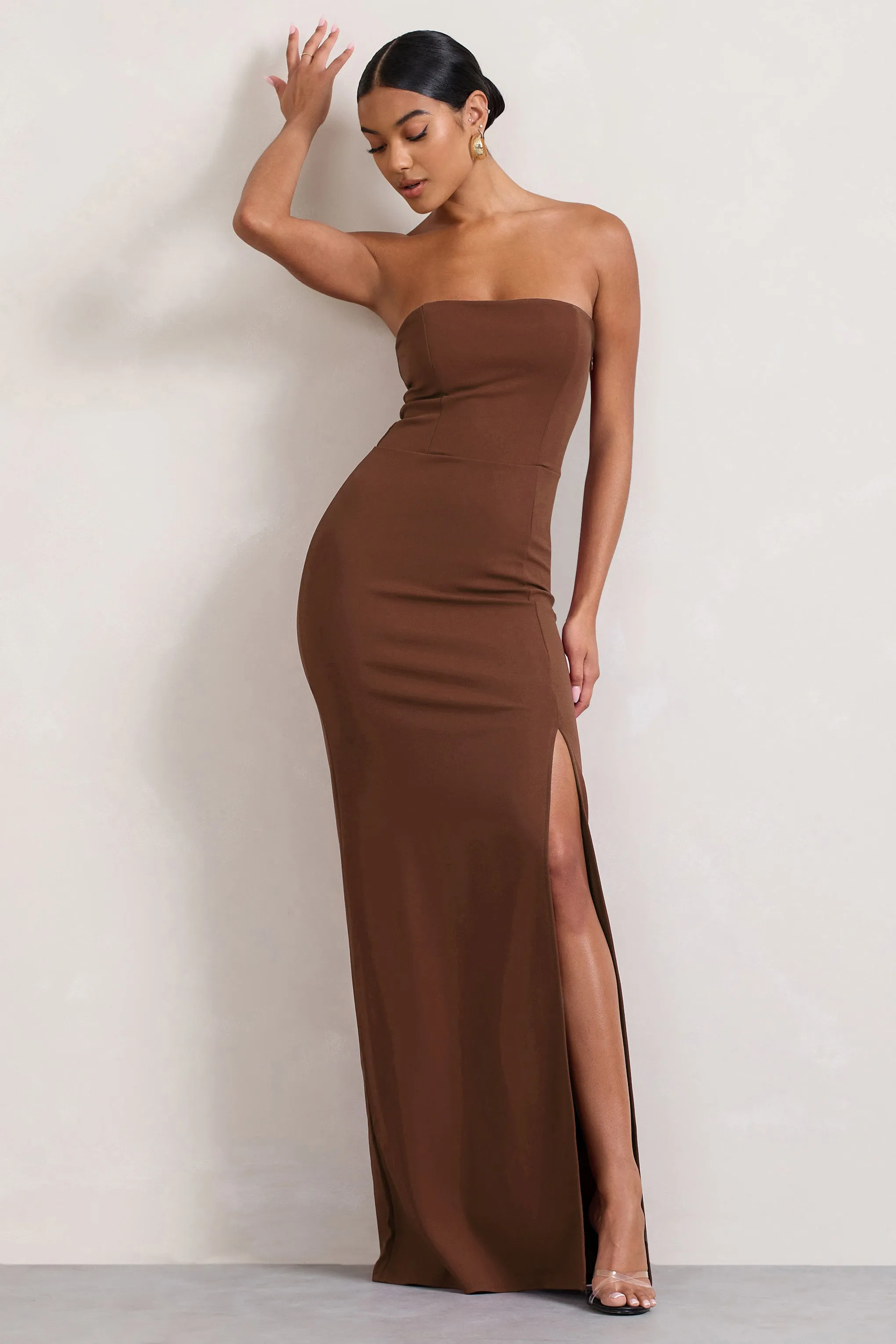 Belle of The Ball | Brown Bandeau Maxi Dress With Split Hem Club L London
