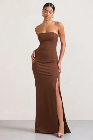 Belle of The Ball | Brown Bandeau Maxi Dress With Split Hem Club L London