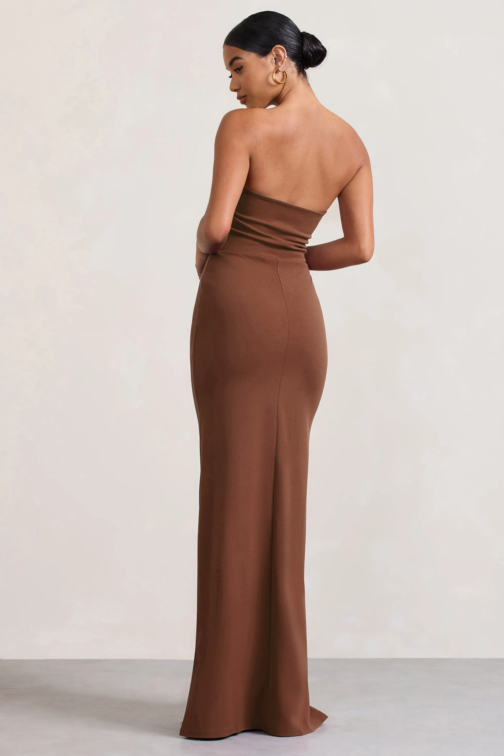 Belle of The Ball | Brown Bandeau Maxi Dress With Split Hem Club L London
