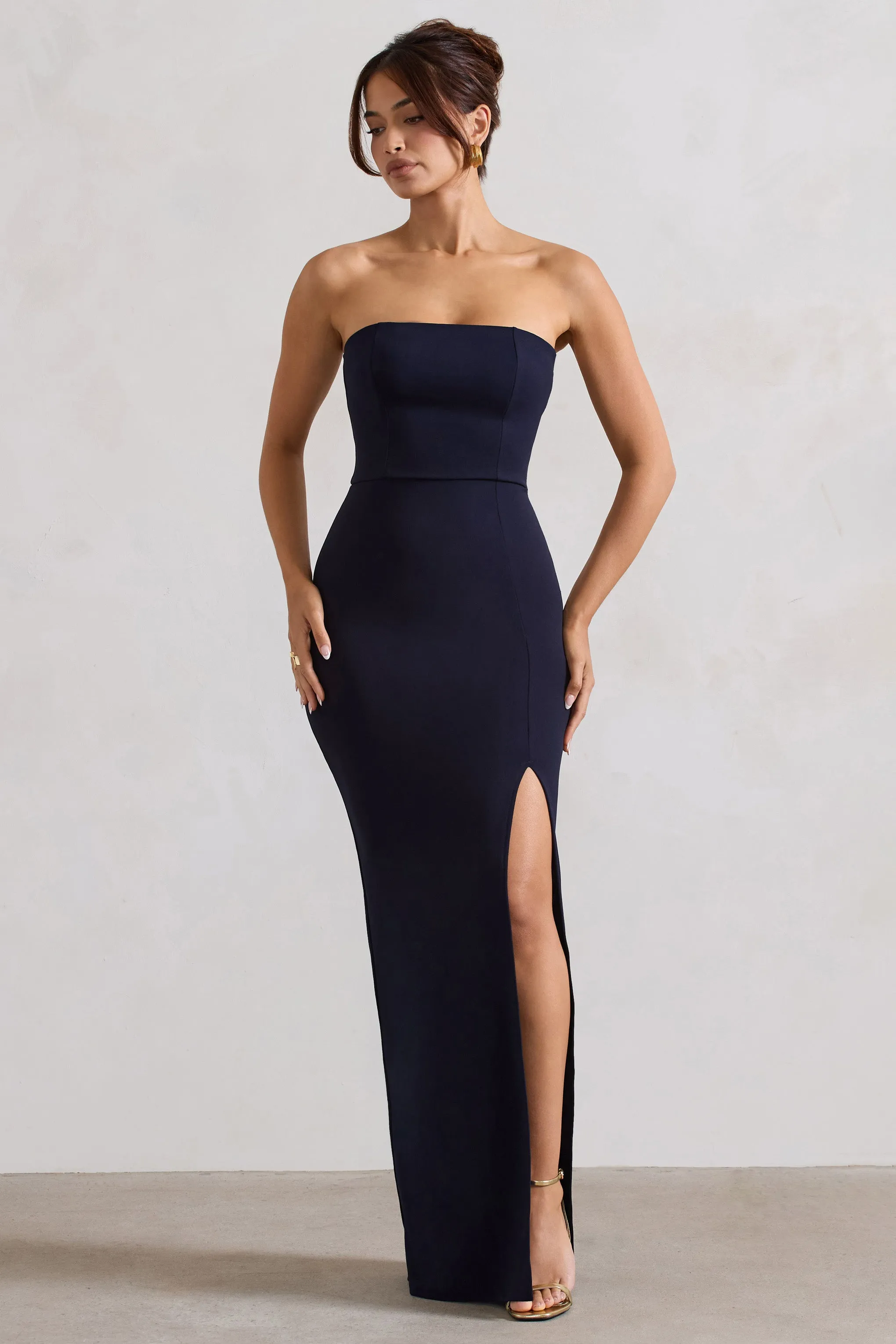 Belle of The Ball | Navy Bandeau Maxi Dress With Split Hem Club L London