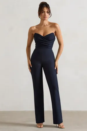 Bellezza | Navy Bandeau Corset Wide Leg Jumpsuit Club L London