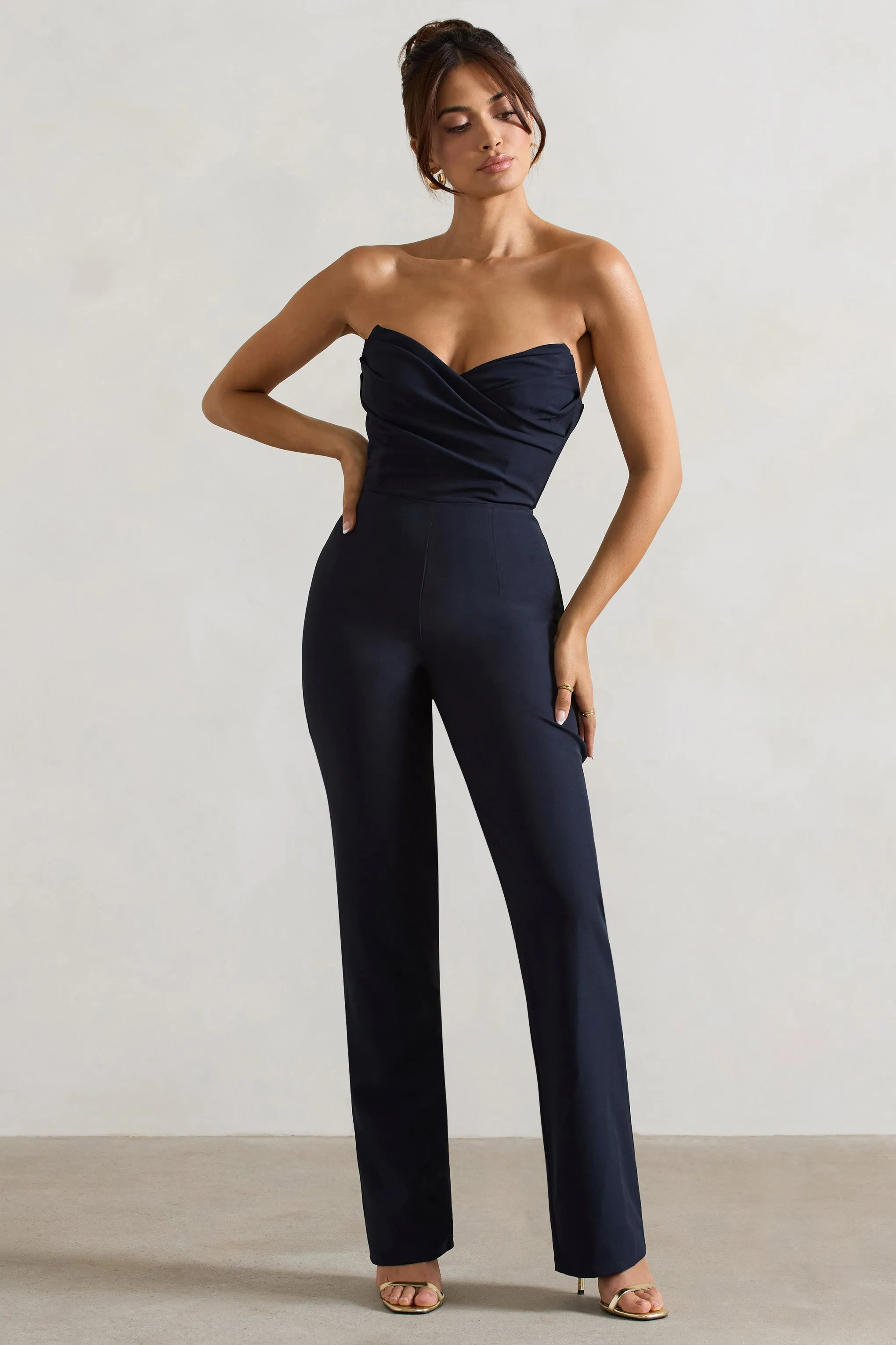 Bellezza | Navy Bandeau Corset Wide Leg Jumpsuit Club L London